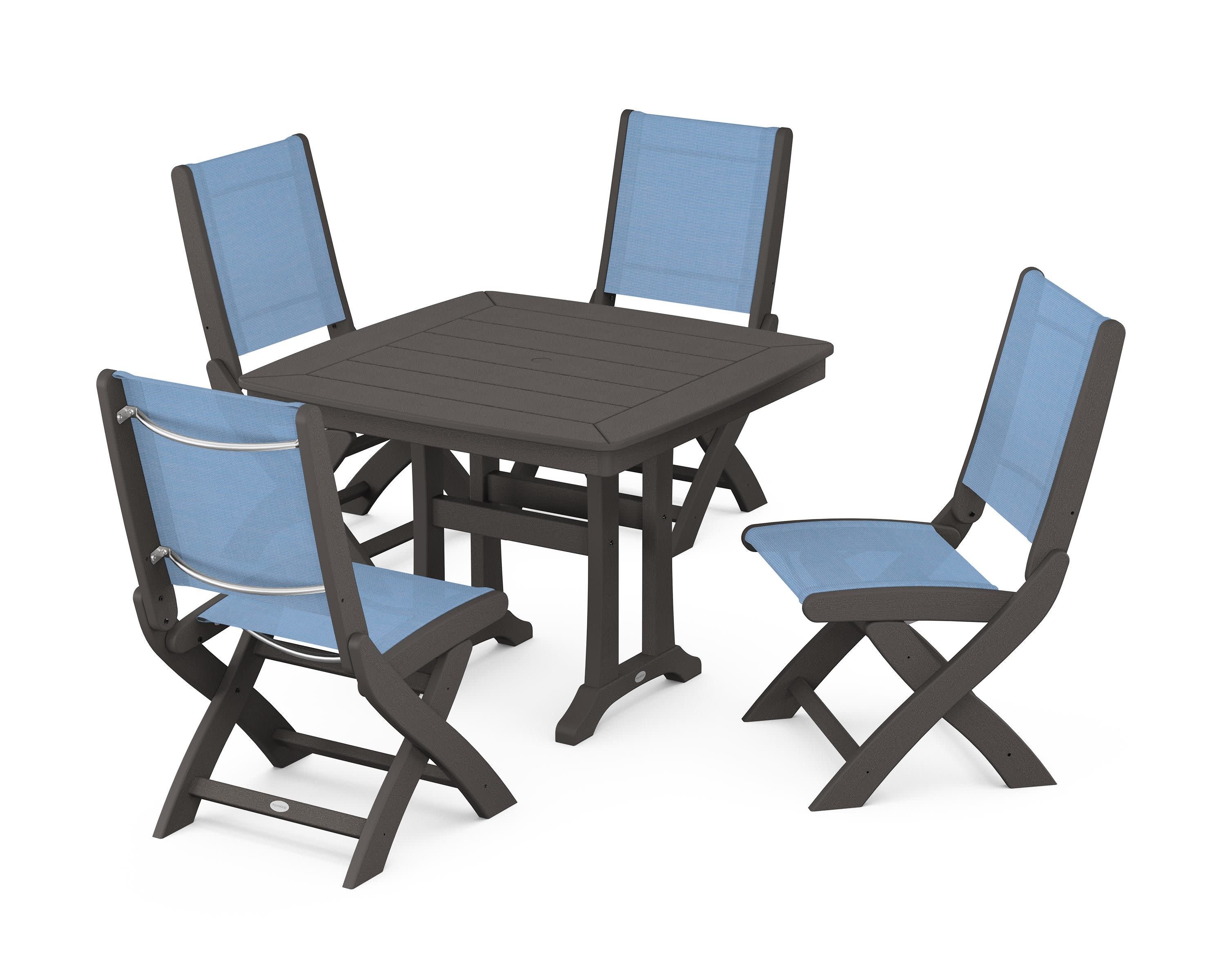 Coastal Folding Side Chair 5-Piece Dining Set with Trestle Legs in Vintage Coffee / Poolside Sling