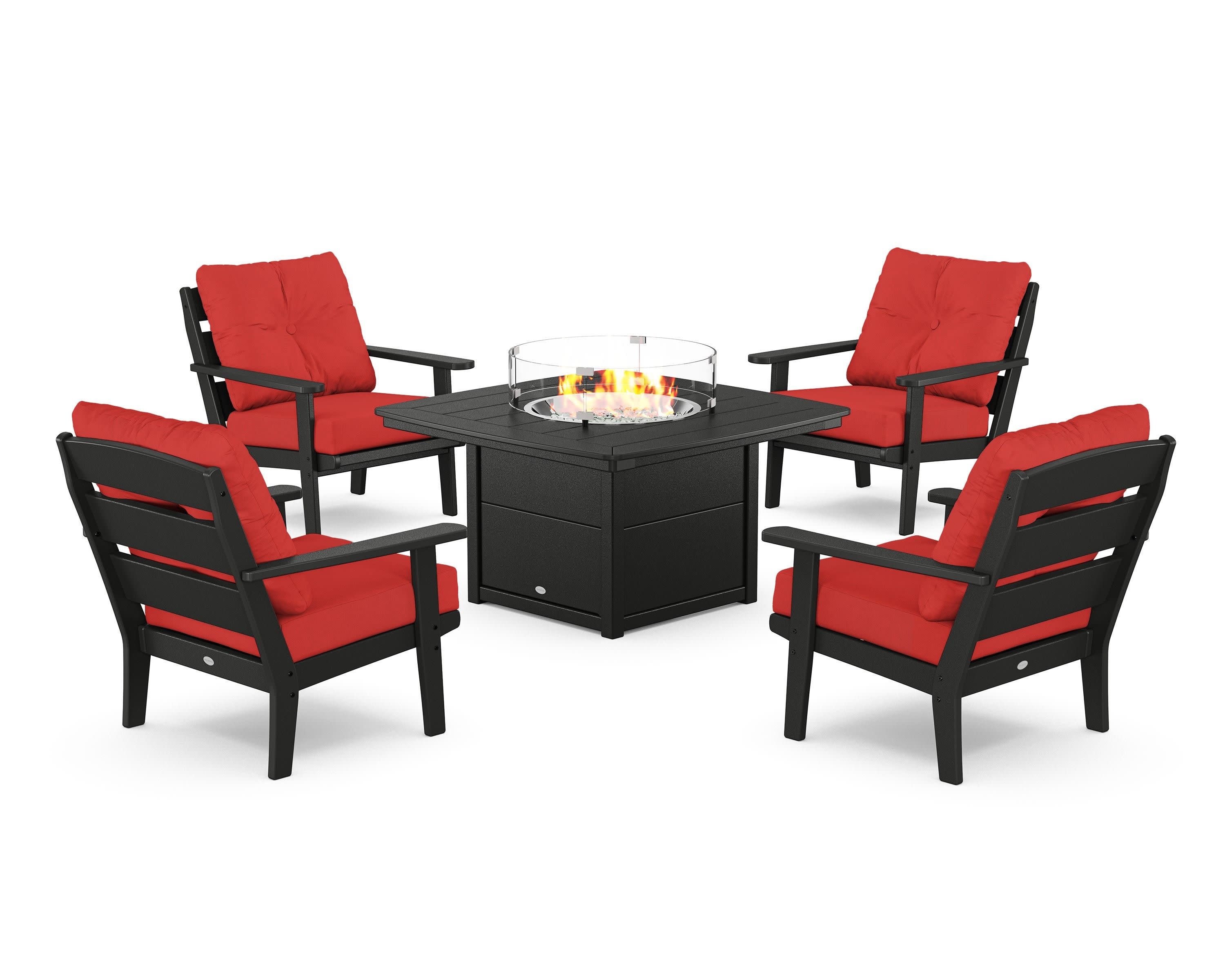 Lakeside 5-Piece Deep Seating Set with Nautical Fire Pit Table in Black / Crimson Linen
