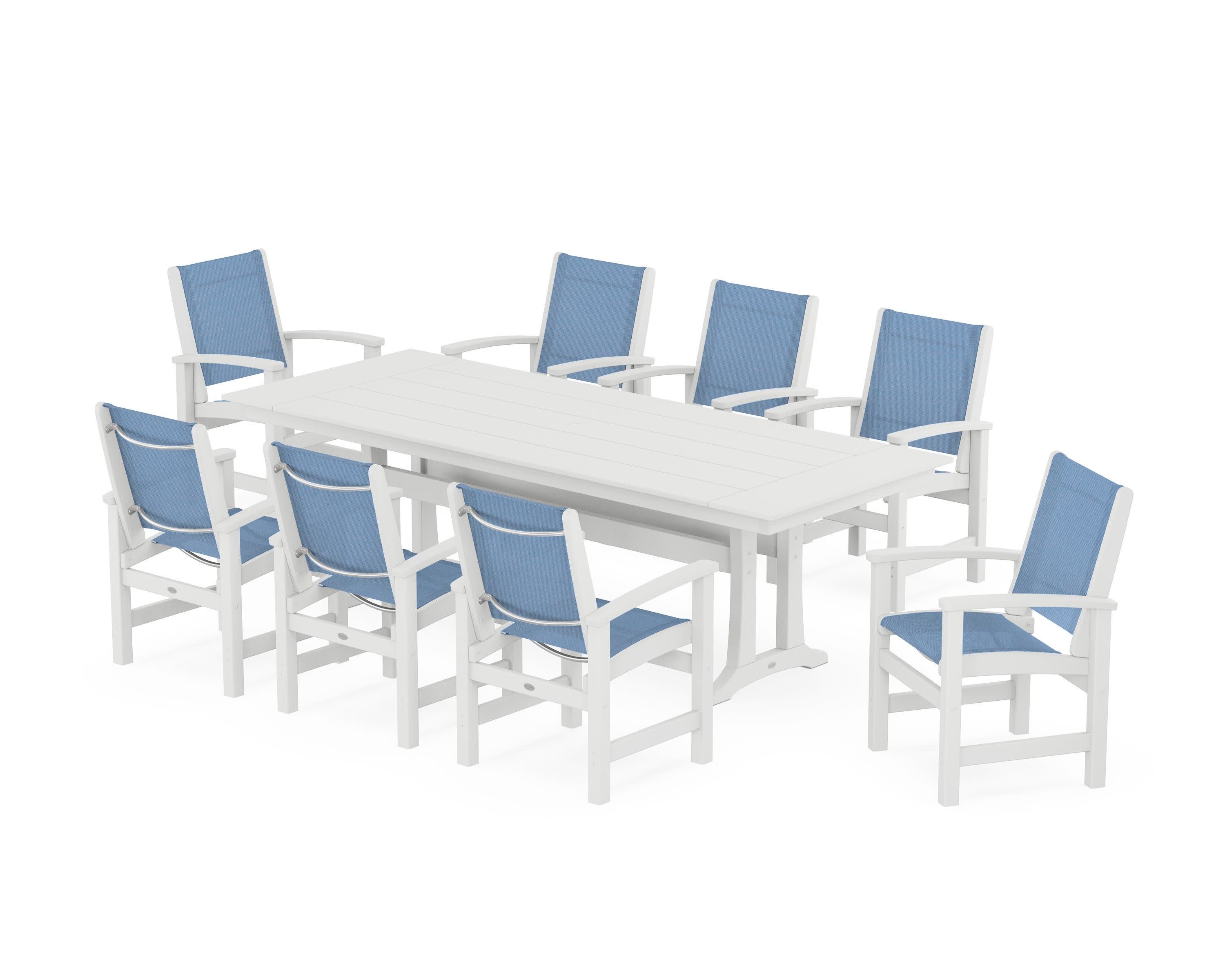 Coastal 9-Piece Farmhouse Dining Set with Trestle Legs in White / Poolside Sling