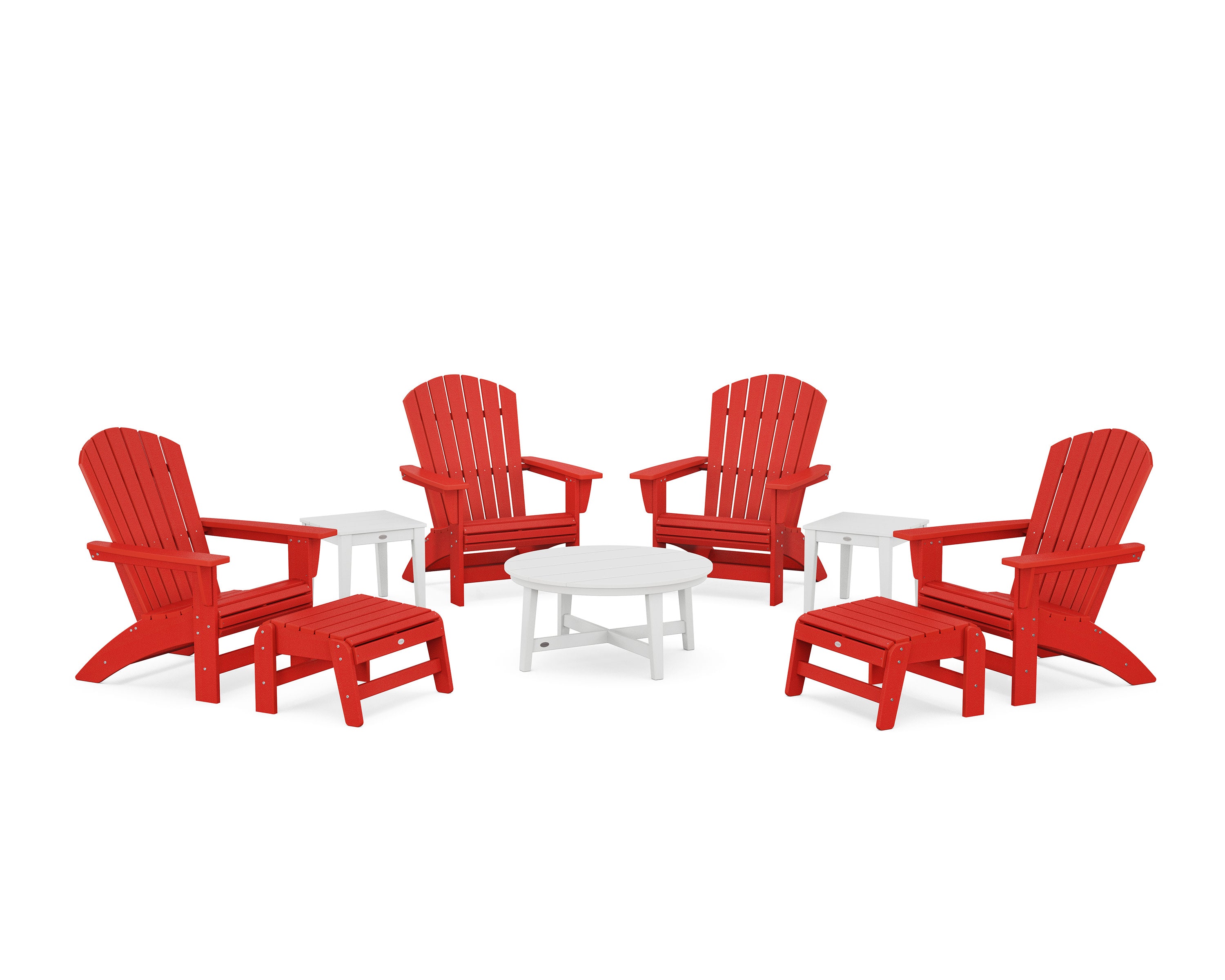 Nautical Grand Adirondack 9-Piece Conversation Set in Sunset Red / White