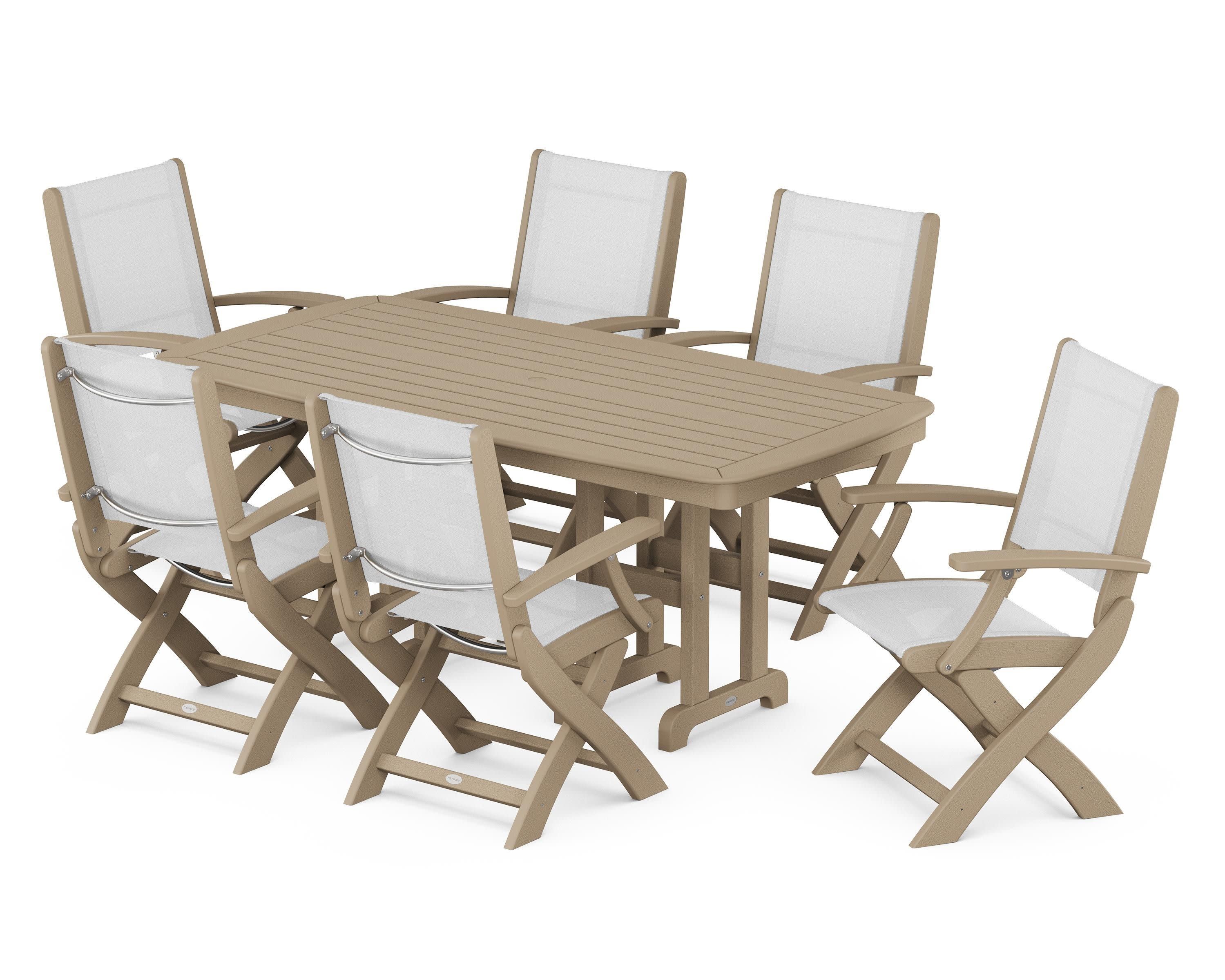Coastal Folding Arm Chair 7-Piece Dining Set in Vintage Sahara / White Sling
