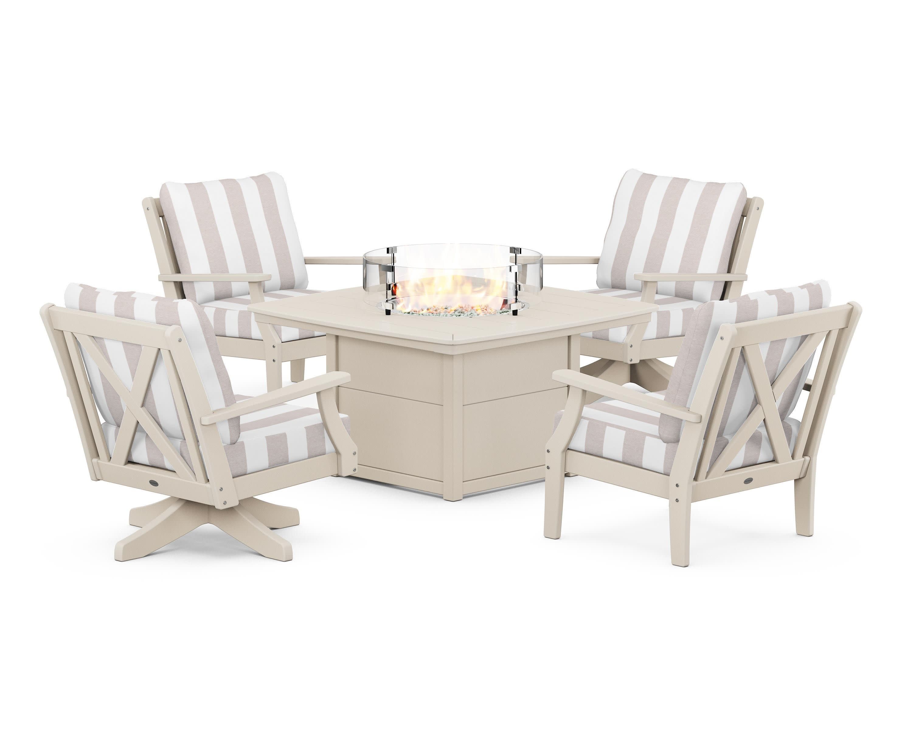 Braxton 5-Piece Deep Seating Set with Fire Table in Sand / Cabana Stripe Dune Burlap