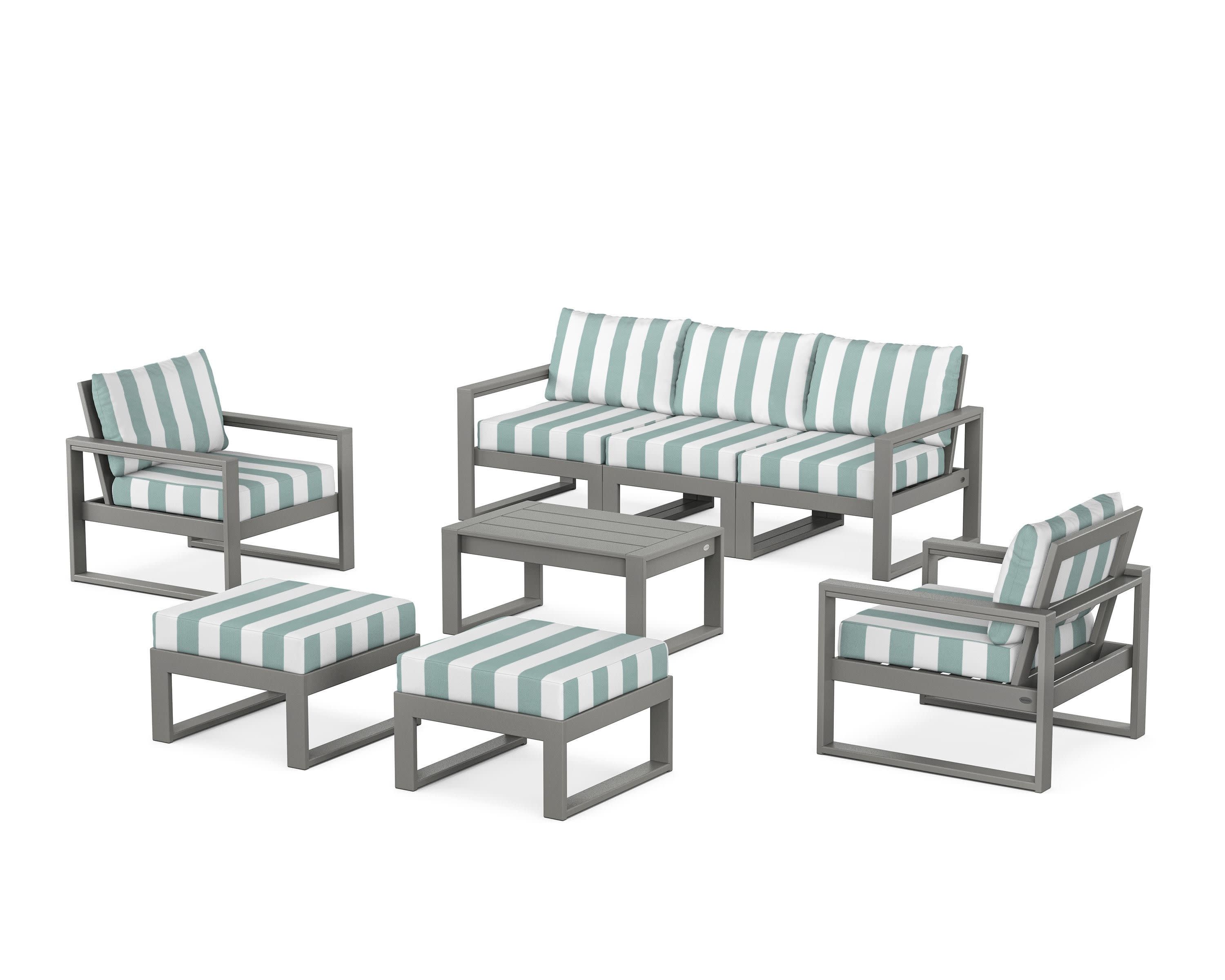 EDGE Sectional 8-Piece Lounge Sofa Set in Slate Grey / Cabana Stripe Glacier Spa