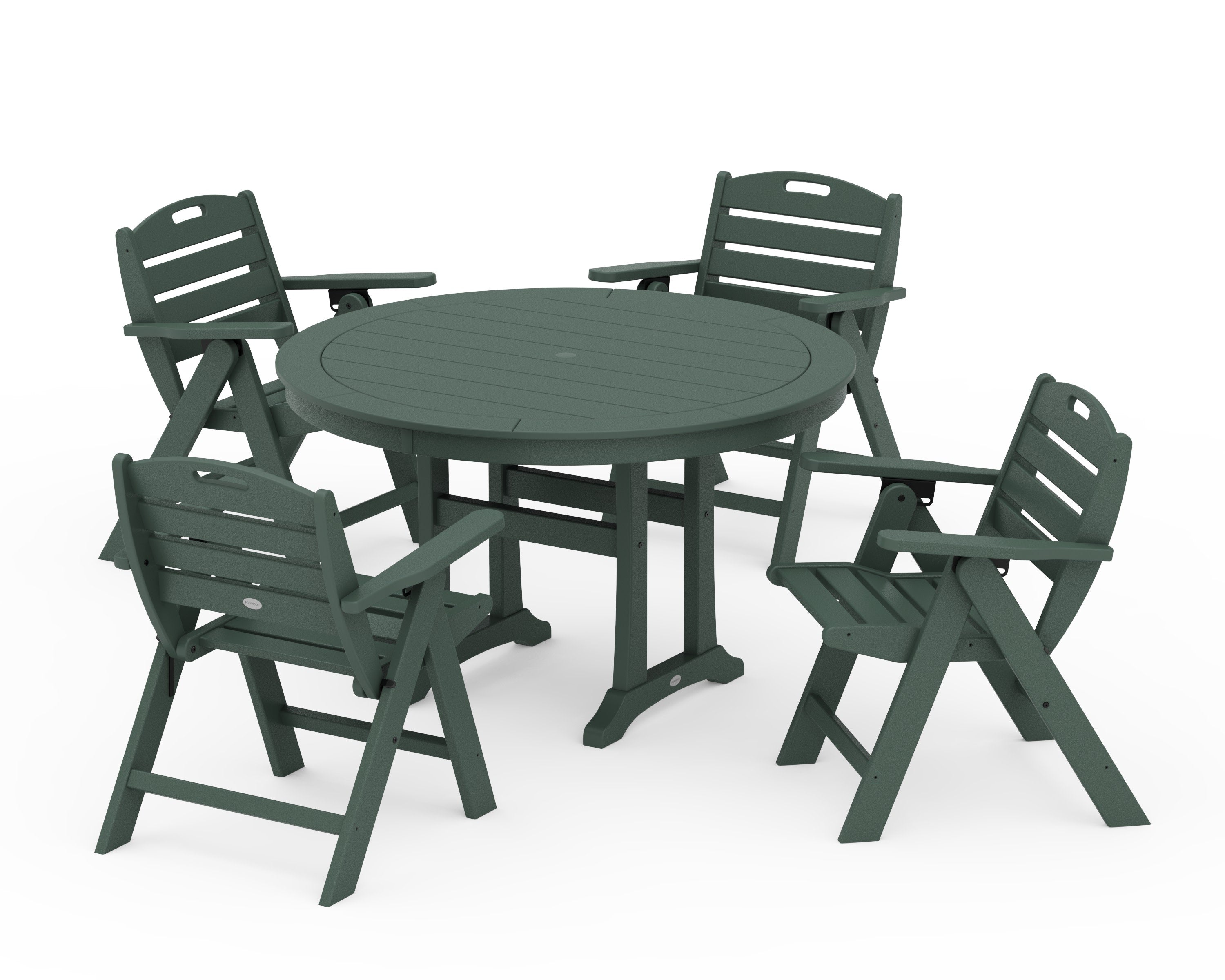 Nautical Folding Lowback Chair 5-Piece Round Dining Set With Trestle Legs in Green