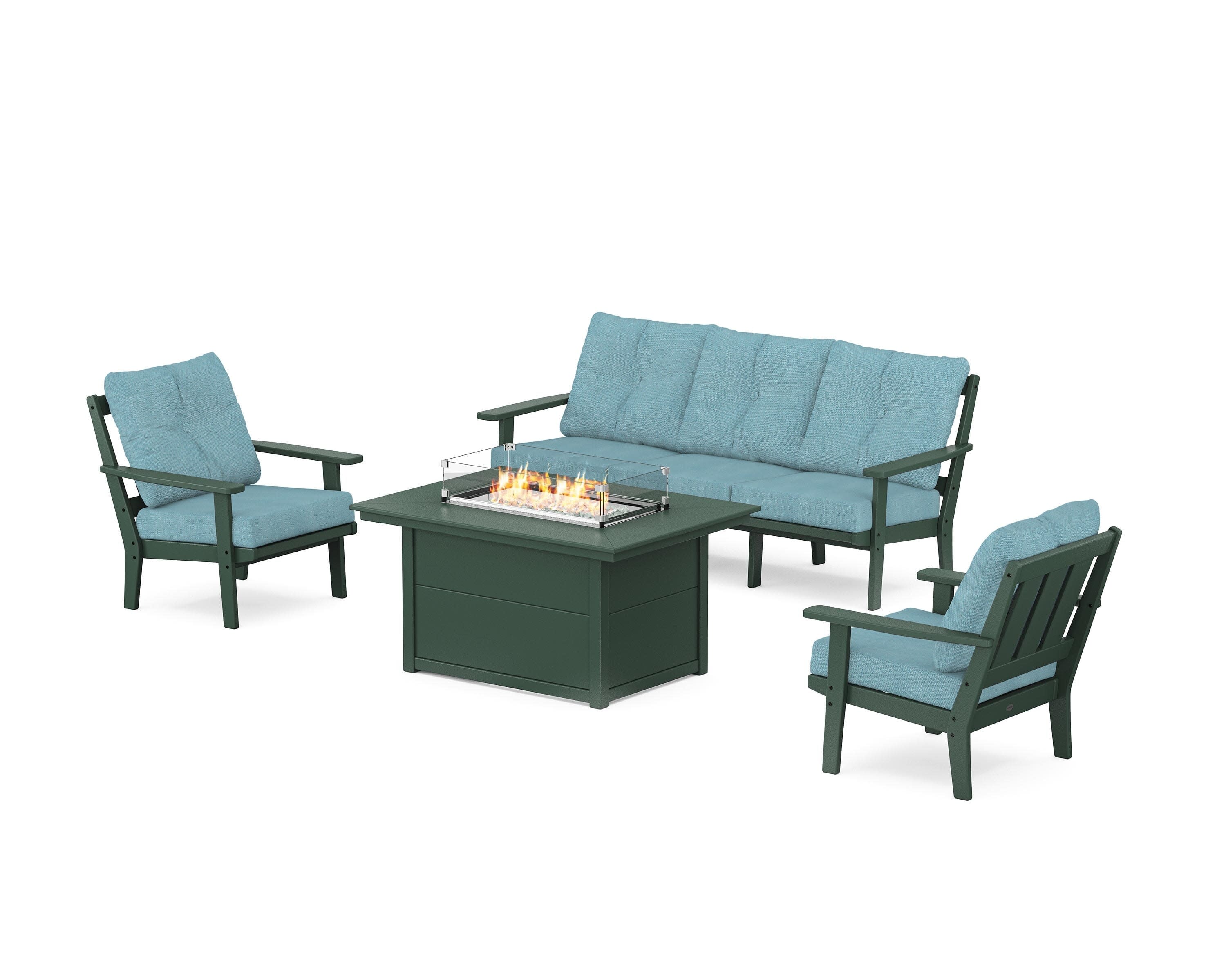 Oxford Deep Seating Fire Pit Table Set in Green / Lattice Sky Blue
