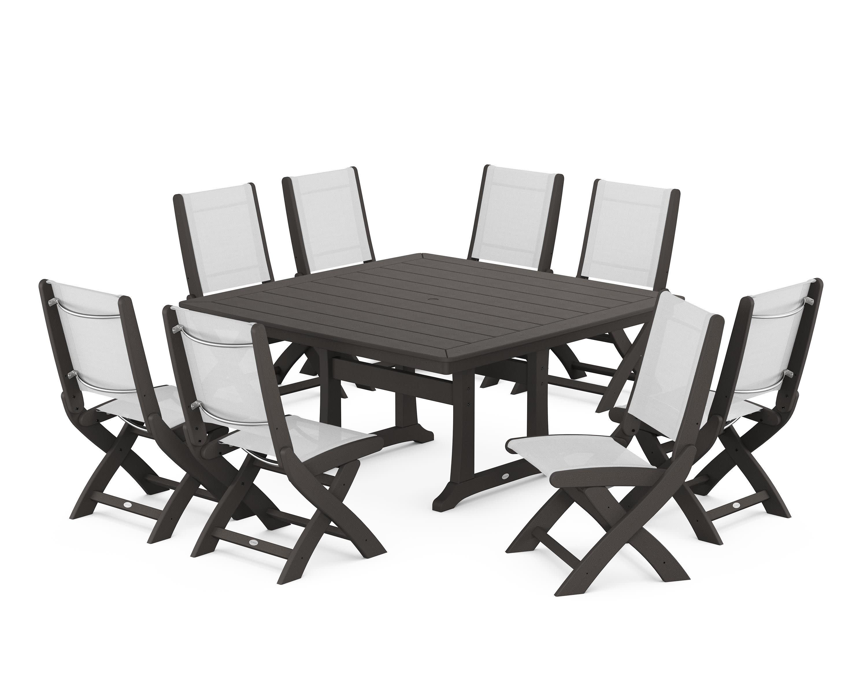 Coastal Folding Side Chair 9-Piece Dining Set with Trestle Legs in Vintage Coffee / White Sling