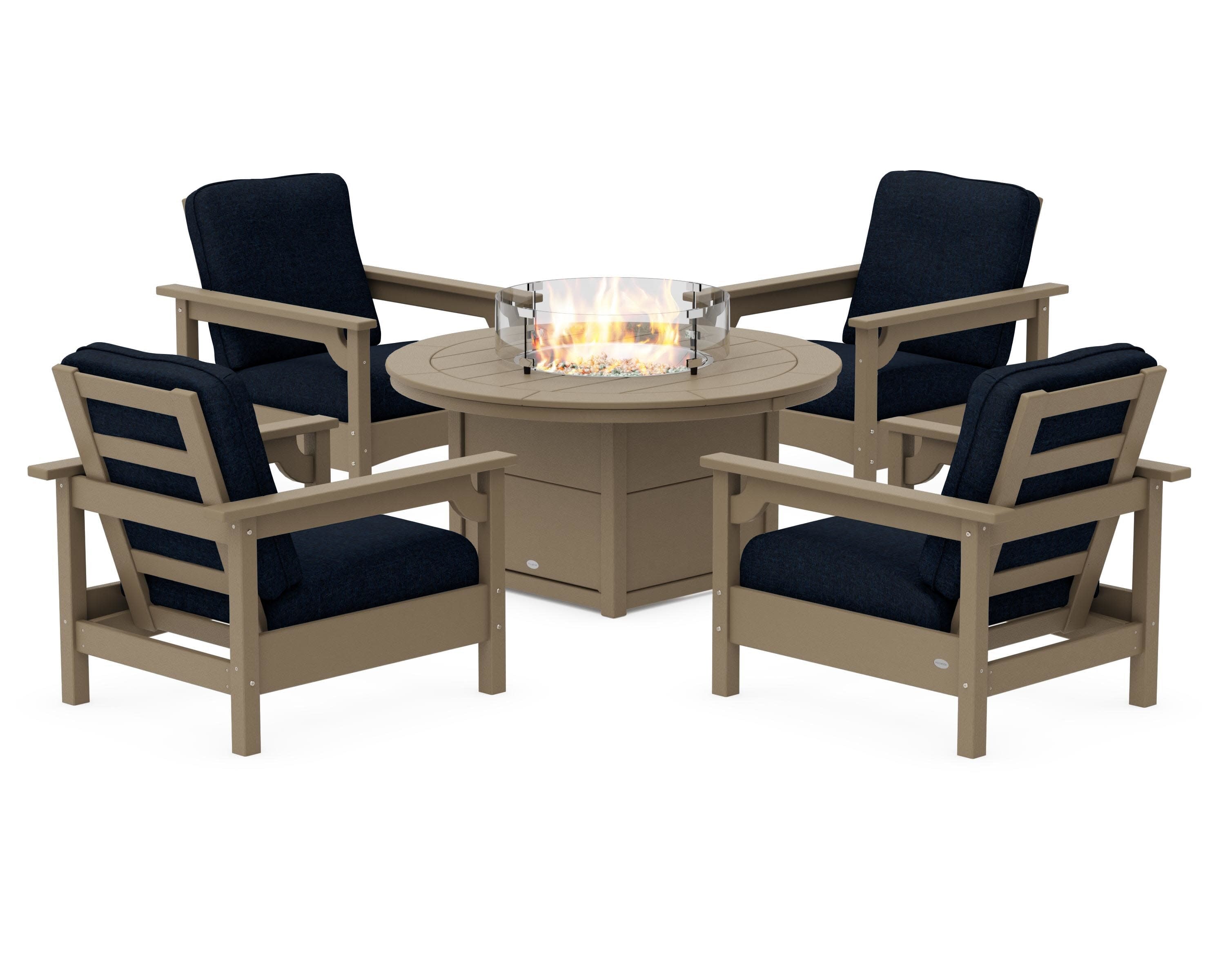 Club 5-Piece Conversation Set with Fire Pit Table in Vintage Sahara / Marine Indigo