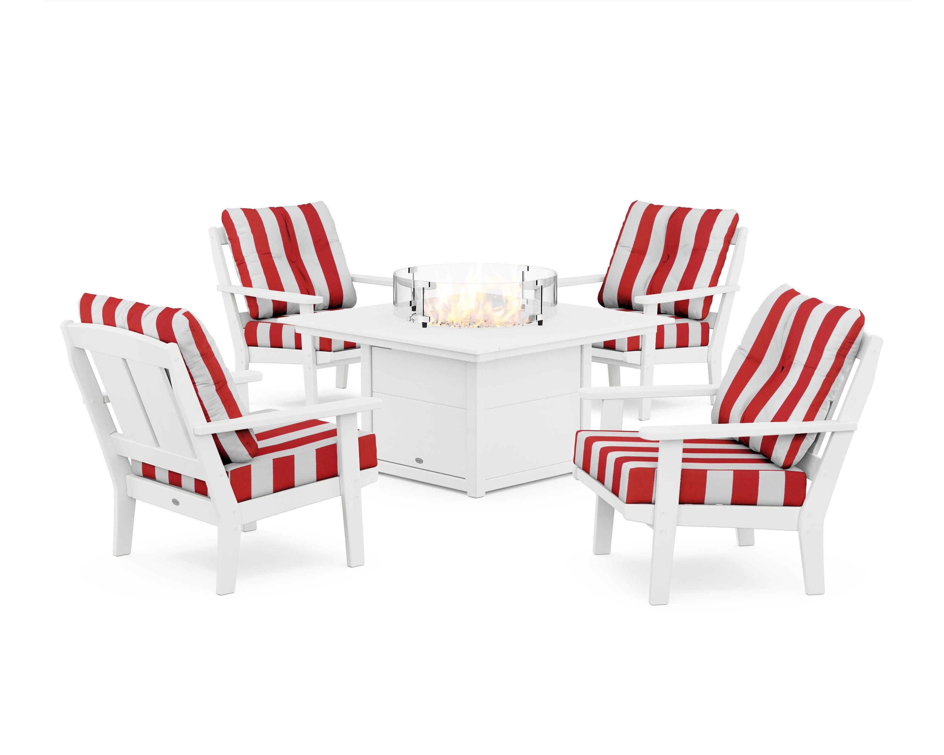 Mission 5-Piece Deep Seating Set with Fire Pit Table in White / Cabana Stripe Crimson
