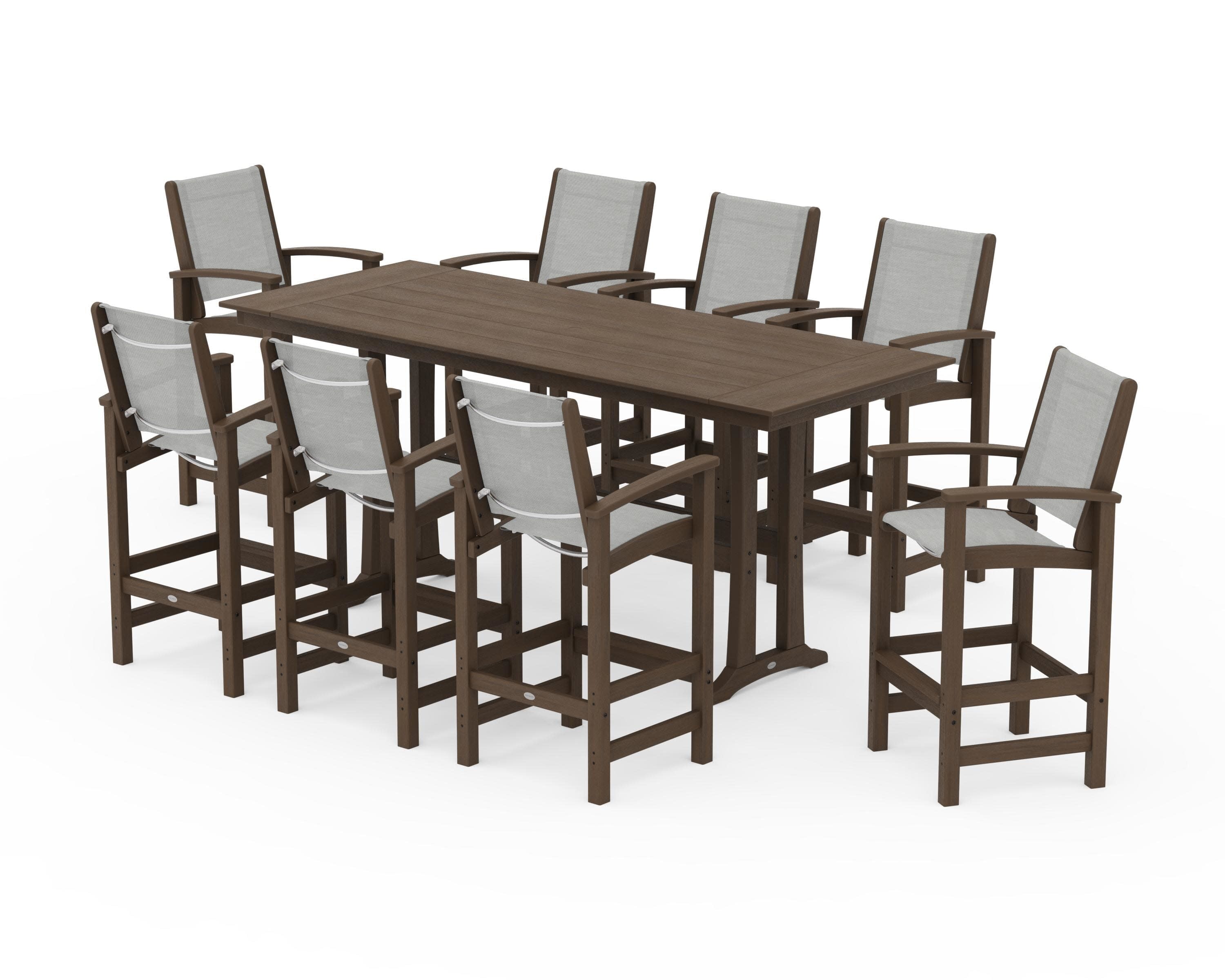 Coastal 9-Piece Farmhouse Bar Set with Trestle Legs in Kona / Metallic Sling