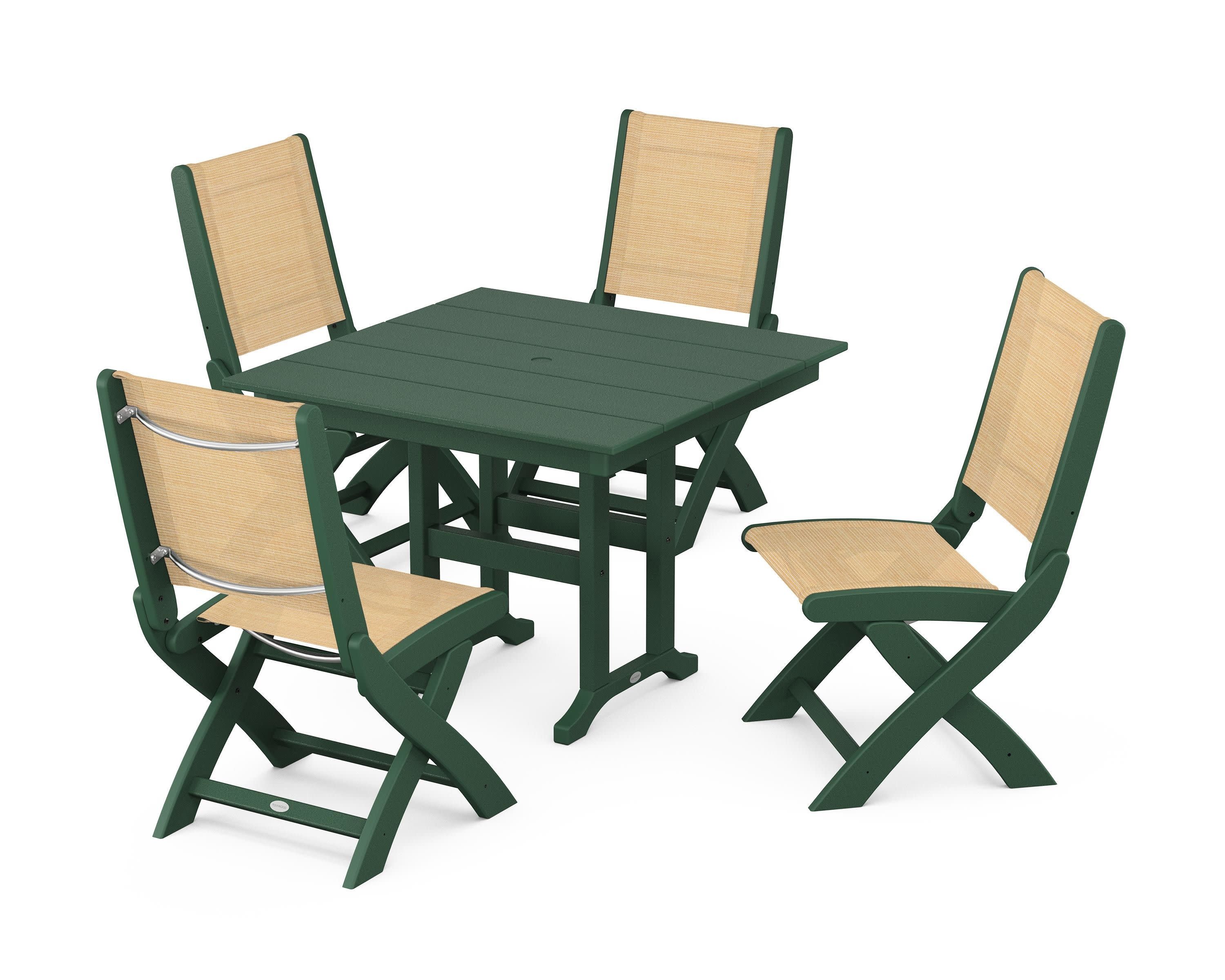 Coastal Folding Side Chair 5-Piece Farmhouse Dining Set in Green / Dupioni Apricot Sling