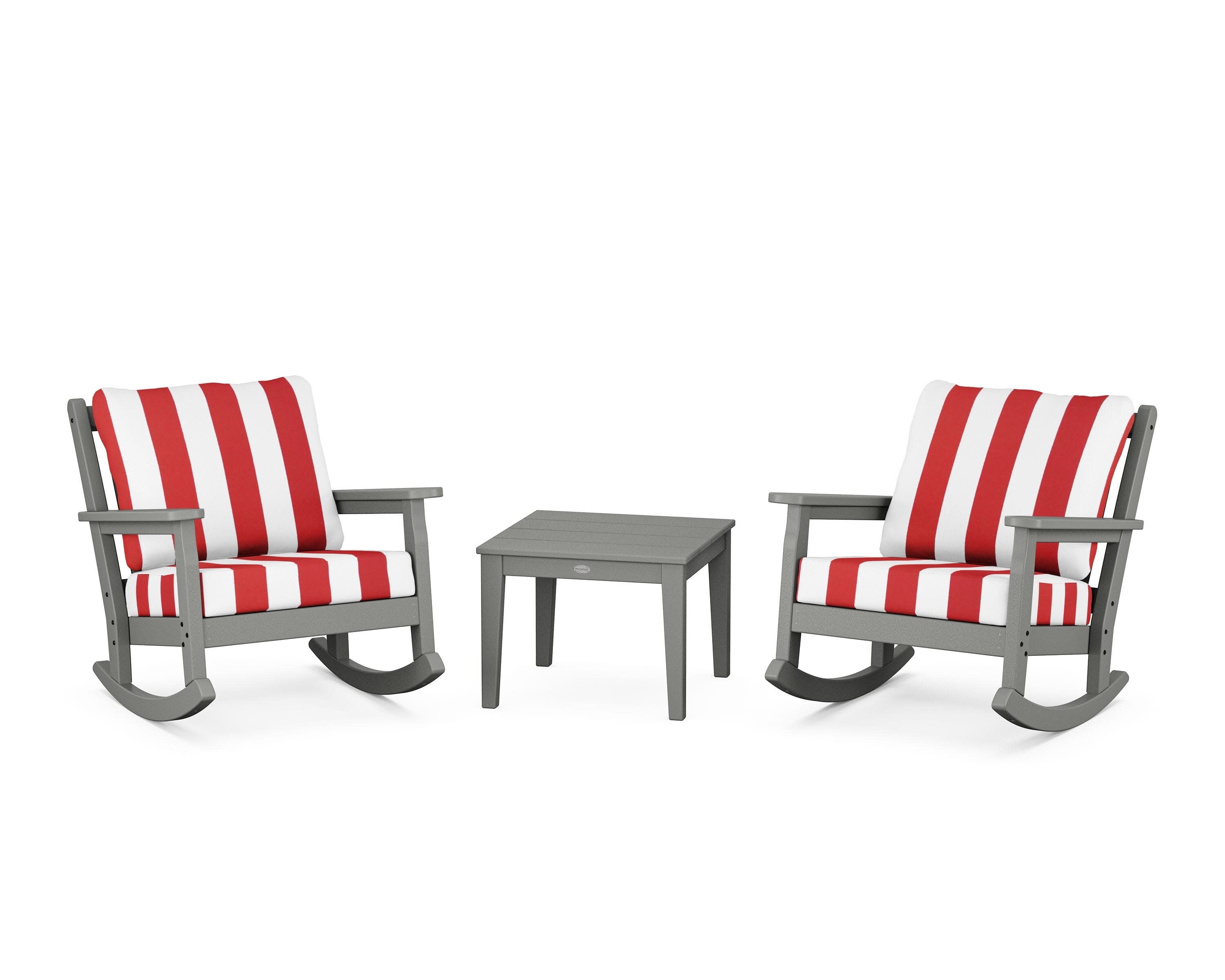 Chippendale 3-Piece Deep Seating Rocker Set in Slate Grey / Cabana Stripe Crimson
