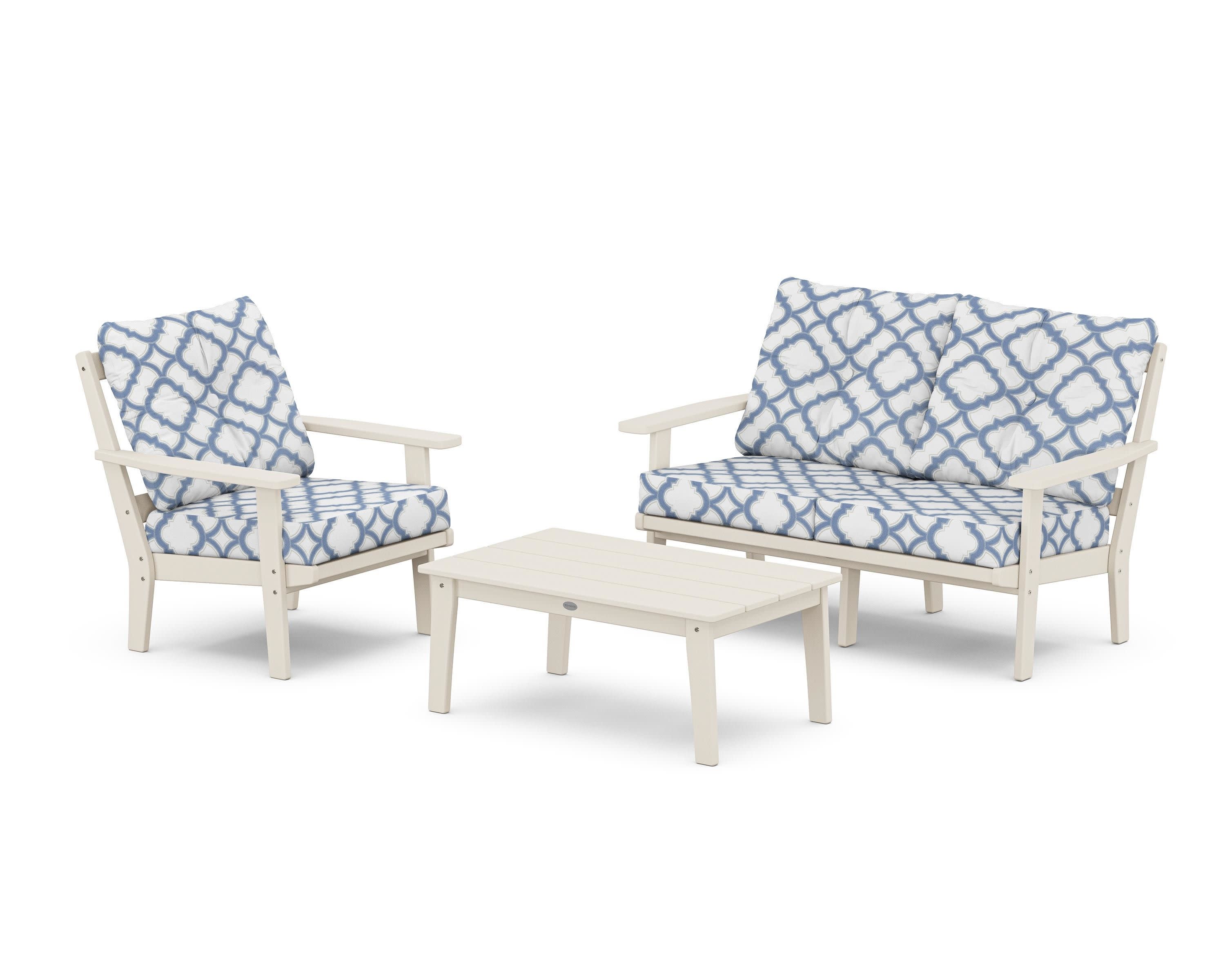 Oxford 3-Piece Deep Seating Set with Loveseat in Sand / Trellis Sky Blue
