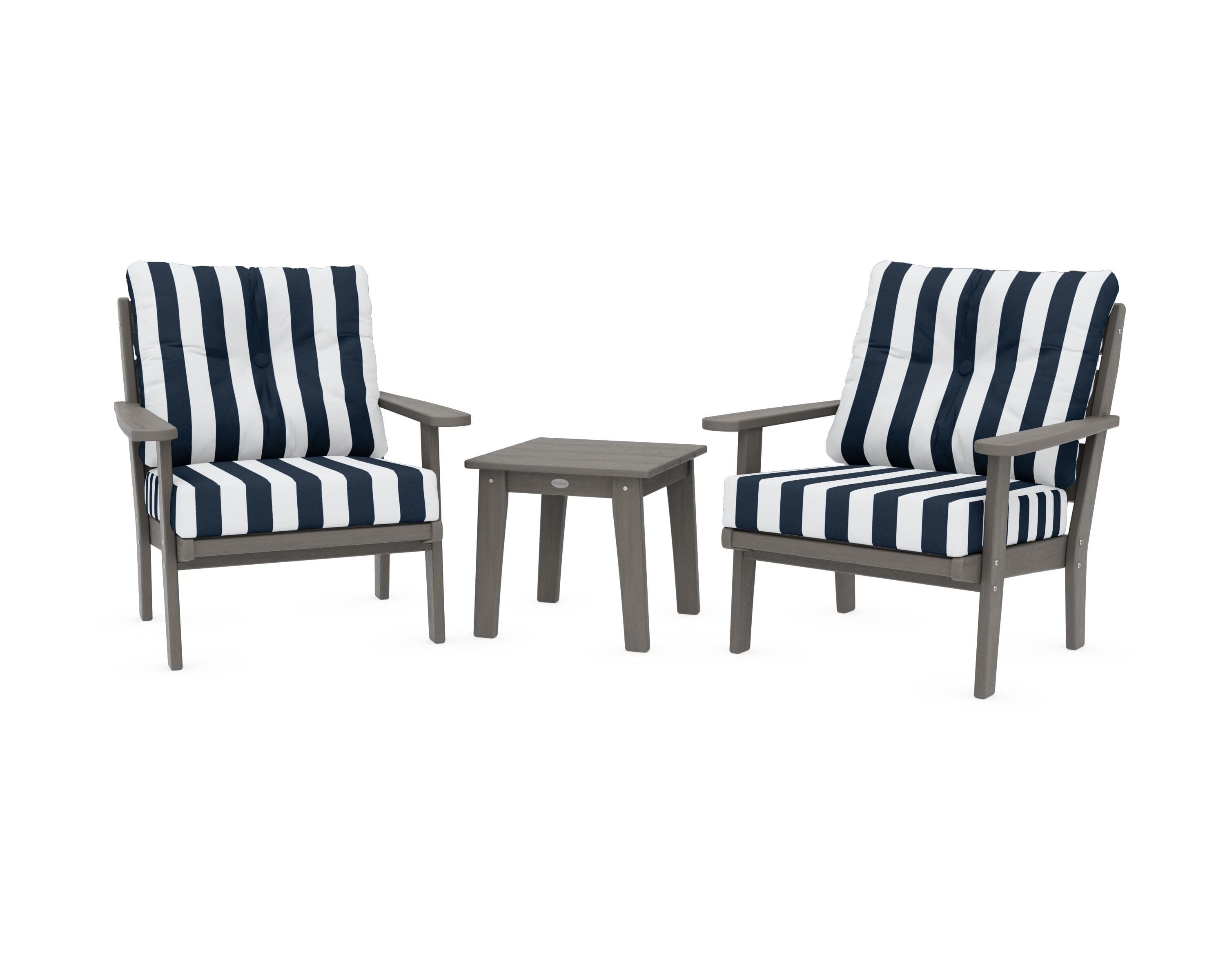 Lakeside 3-Piece Deep Seating Chair Set in Driftwood / Cabana Stripe Marine Indigo