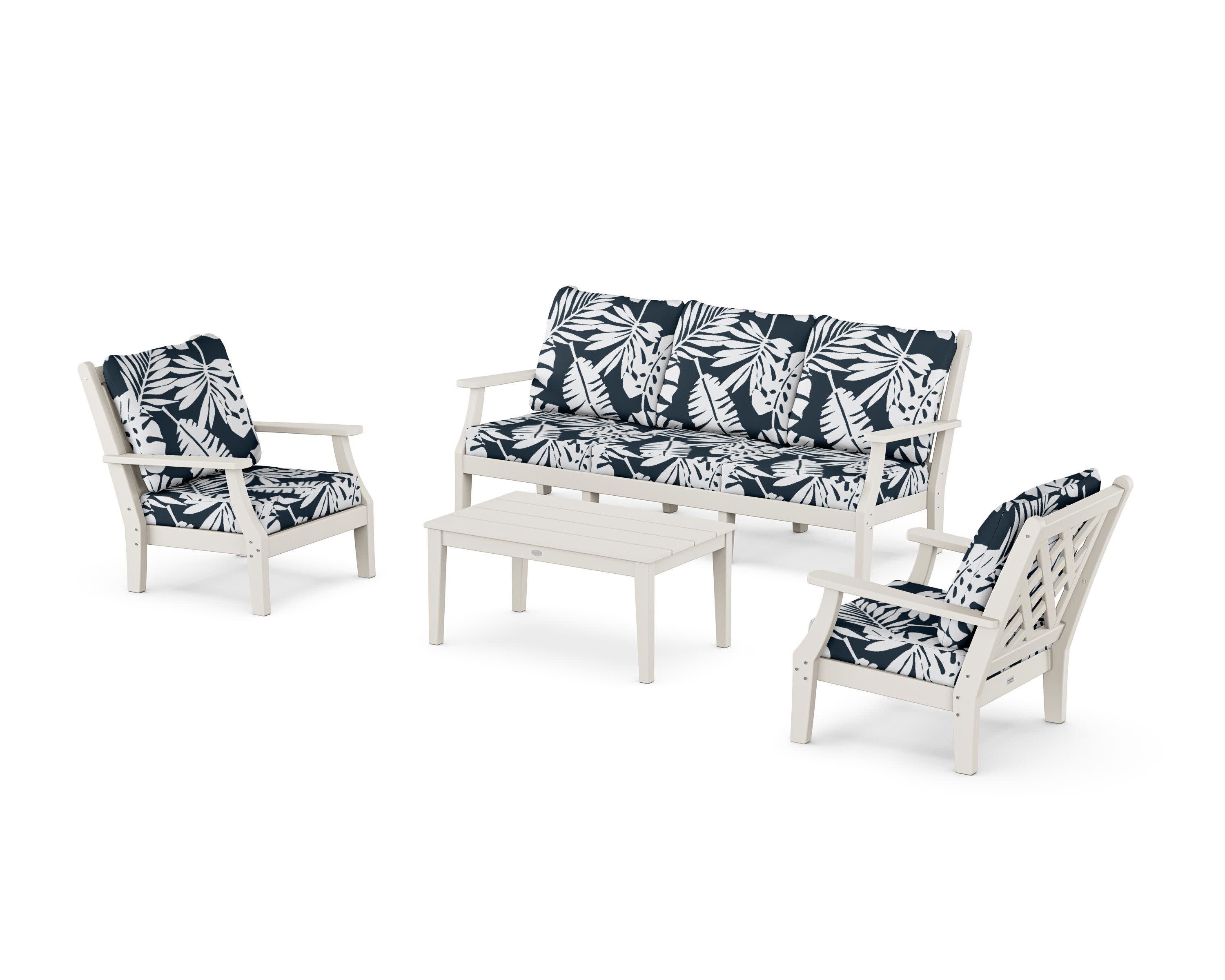 Wovendale 4-Piece Deep Seating Set with Sofa in Sand / Leaf Marine Indigo