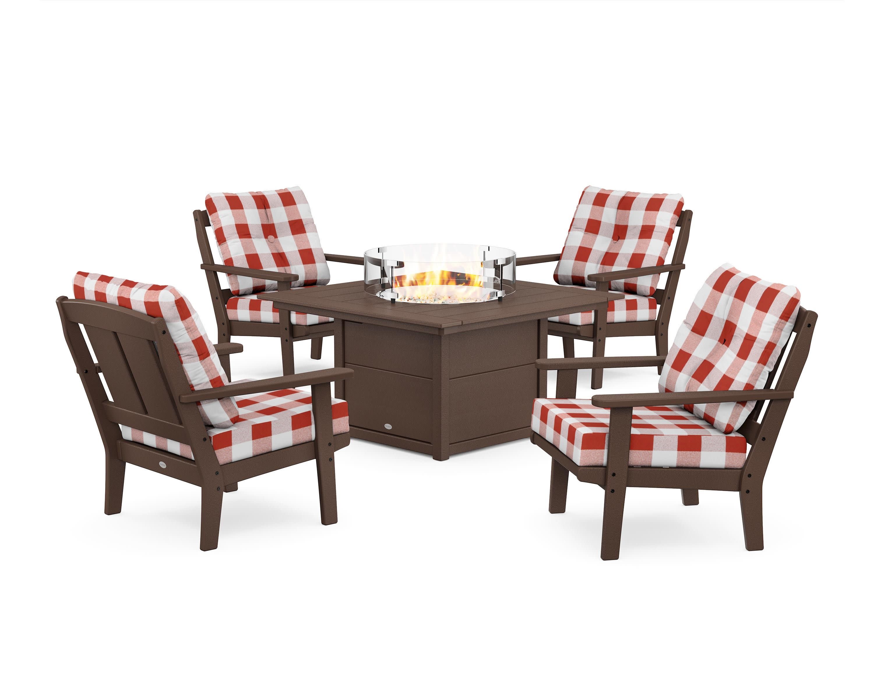 Mission 5-Piece Deep Seating Set with Fire Pit Table in Mahogany / Buffalo Plaid Crimson