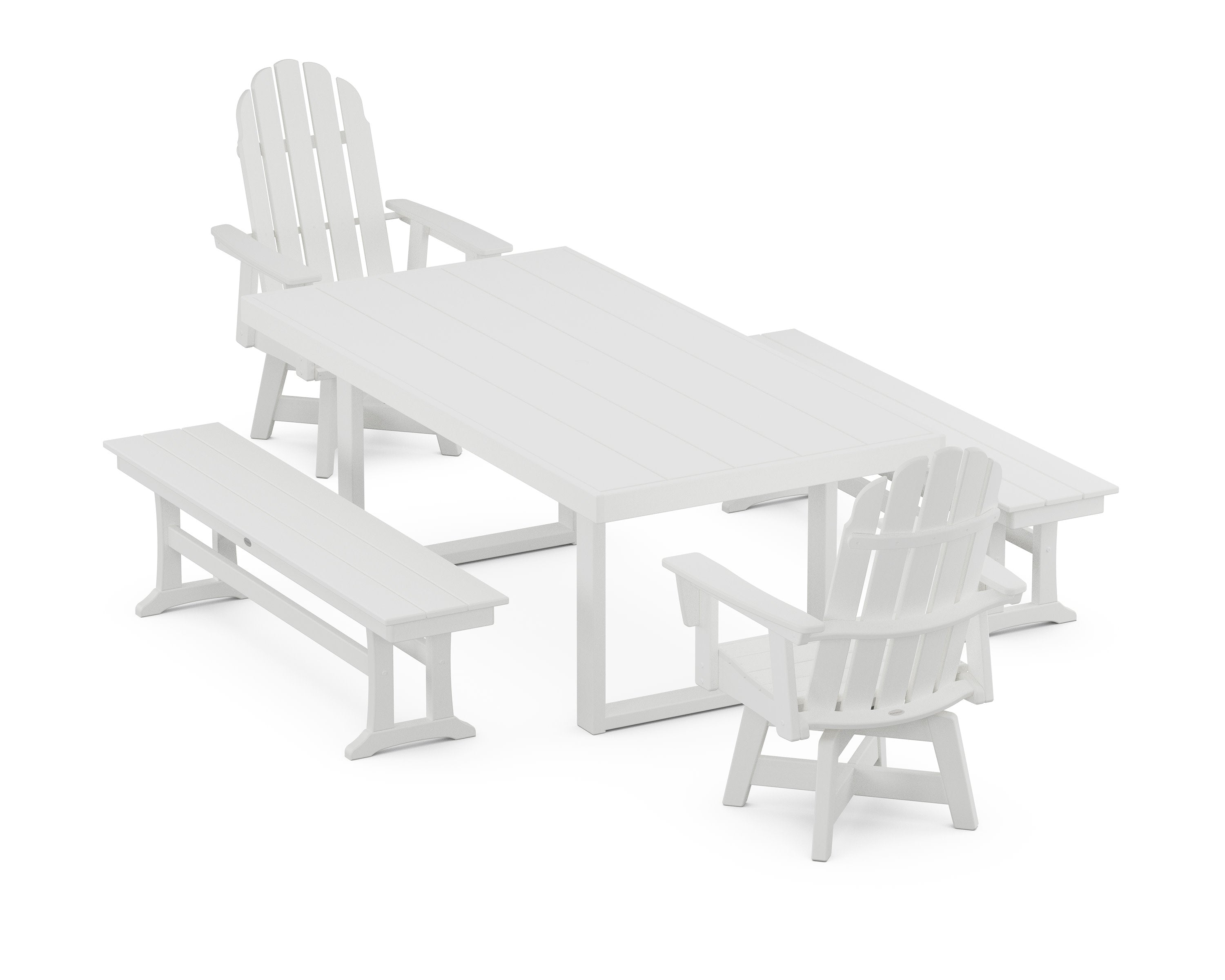 Vineyard Curveback Adirondack Swivel Chair 5-Piece Dining Set with Benches in White
