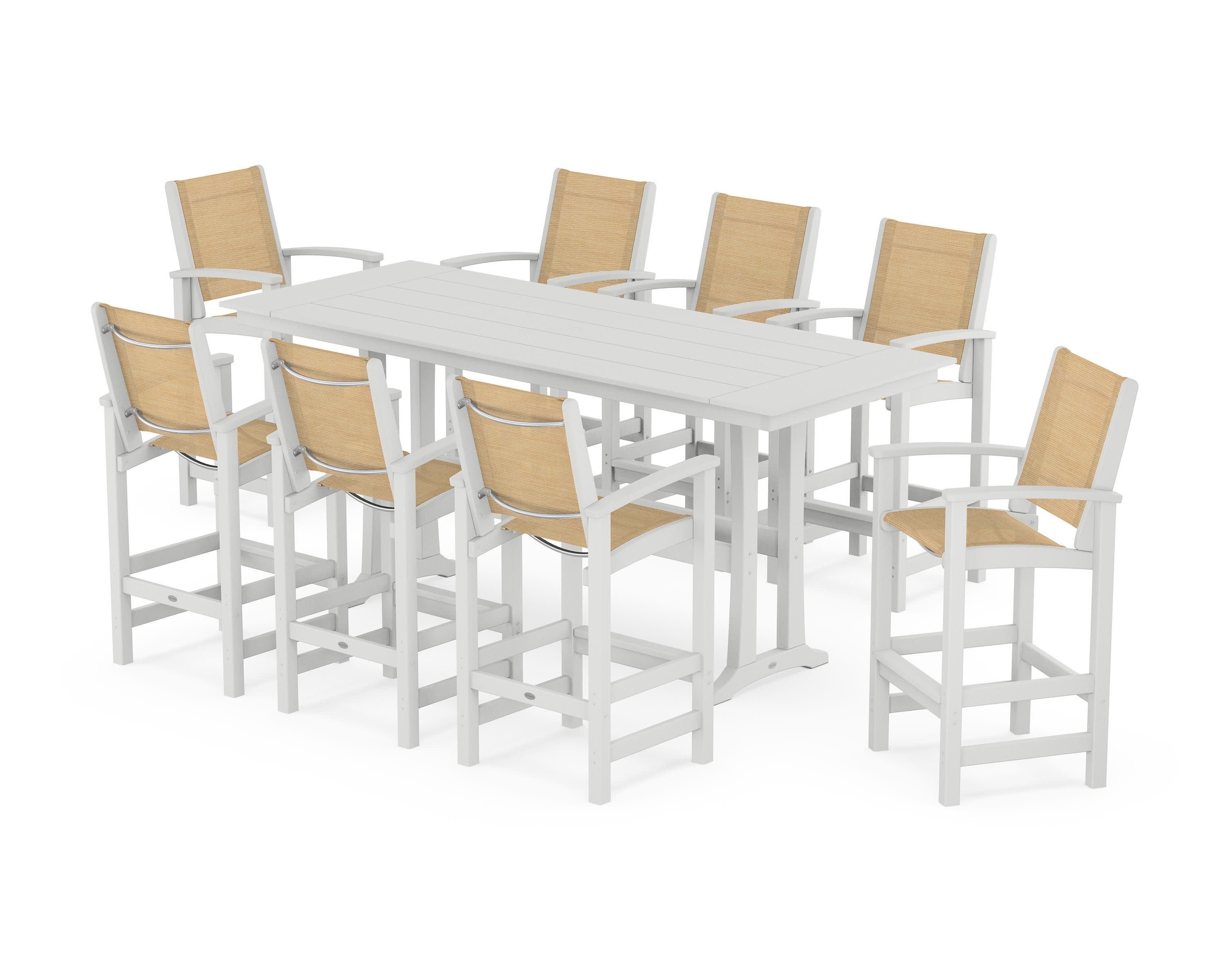 Coastal 9-Piece Farmhouse Bar Set with Trestle Legs in White / Dupioni Apricot Sling