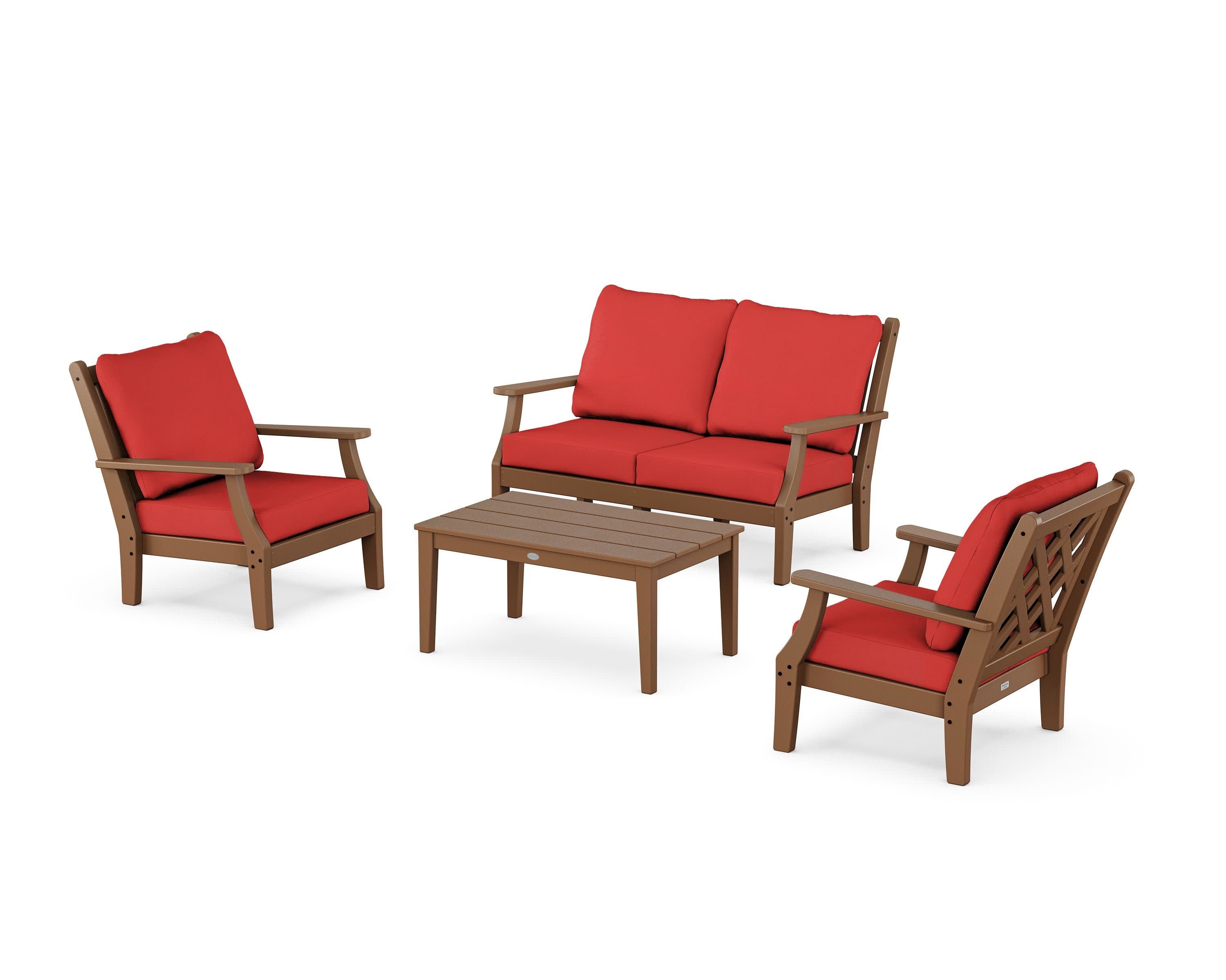 Wovendale 4-Piece Deep Seating Set with Loveseat in Teak / Crimson Linen