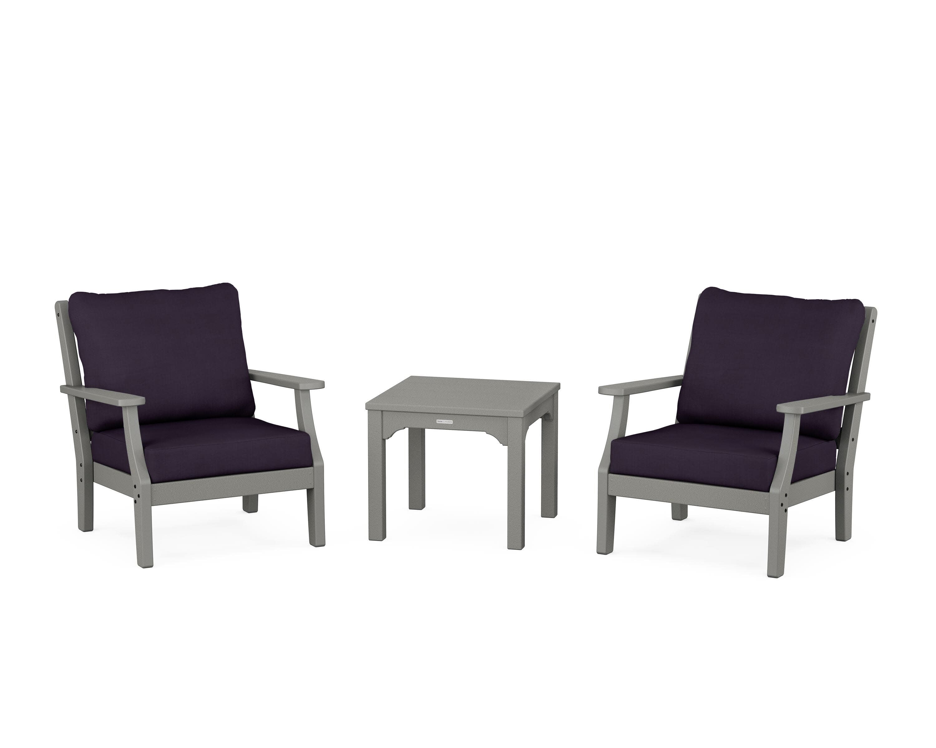 Chinoiserie 3-Piece Deep Seating Set in Slate Grey / Navy Linen