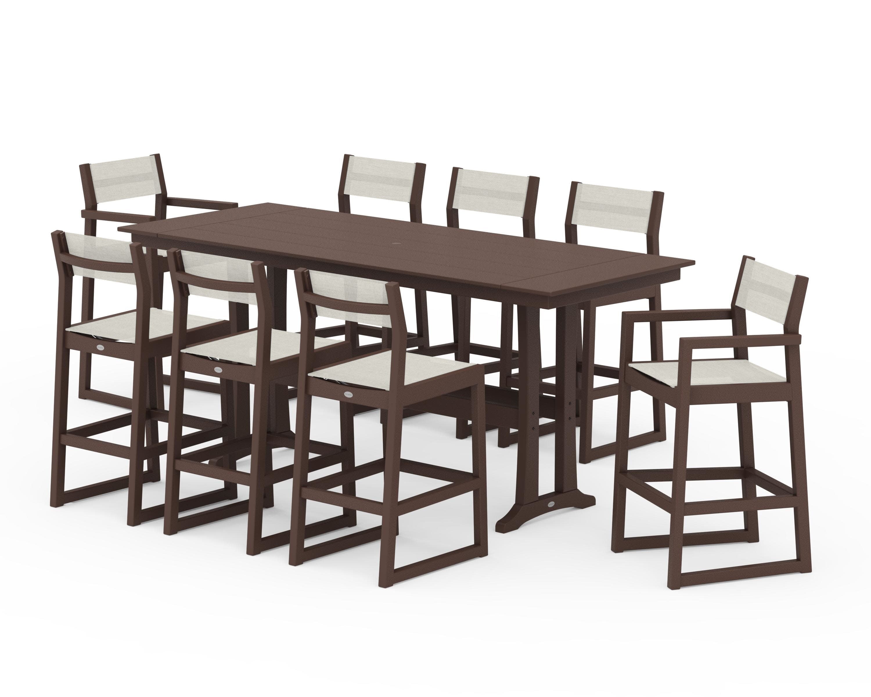 EDGE Sling 9-Piece Farmhouse Bar Set with Trestle Legs in Mahogany / Parchment Sling