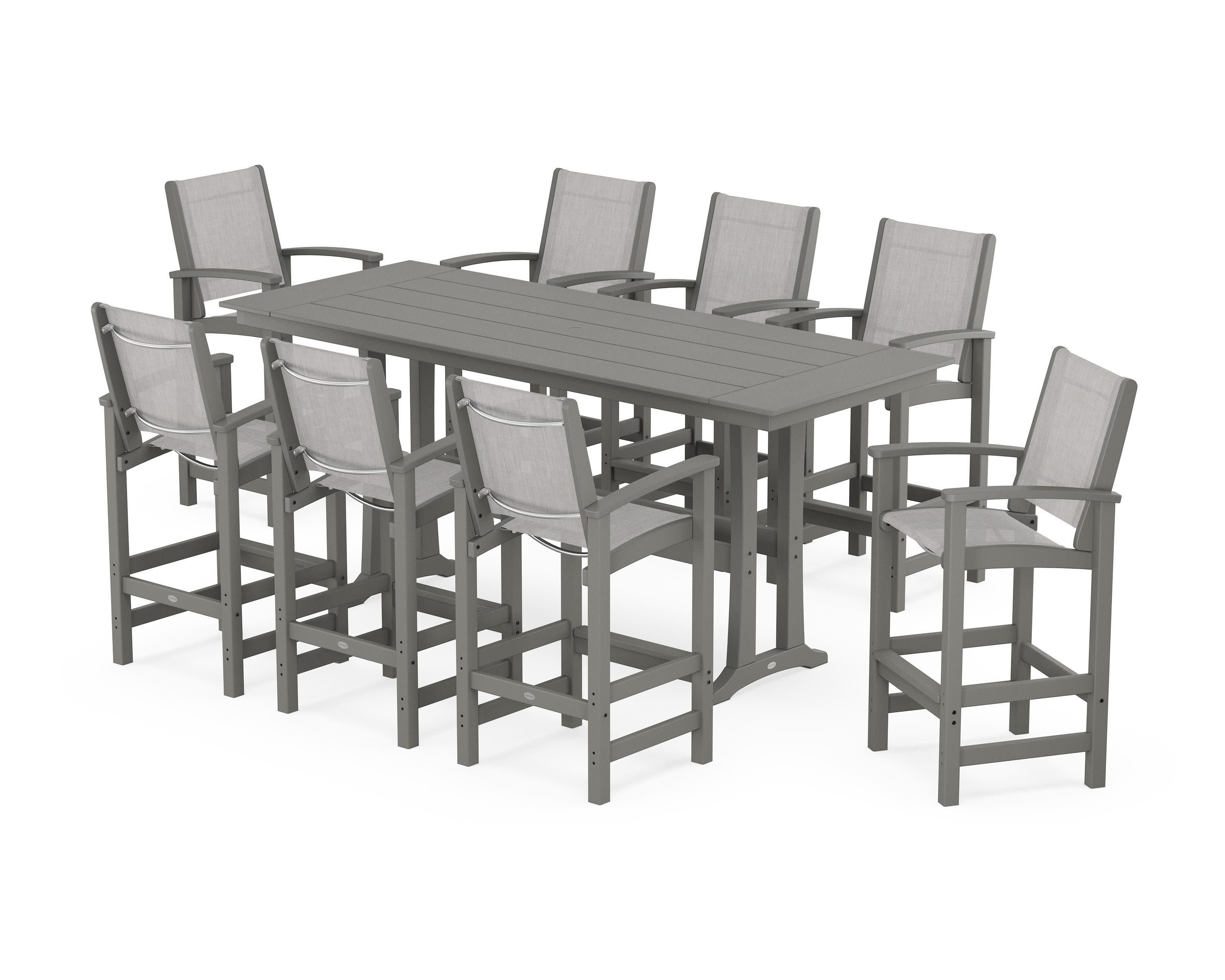 Coastal 9-Piece Farmhouse Bar Set with Trestle Legs in Slate Grey / Parchment Sling