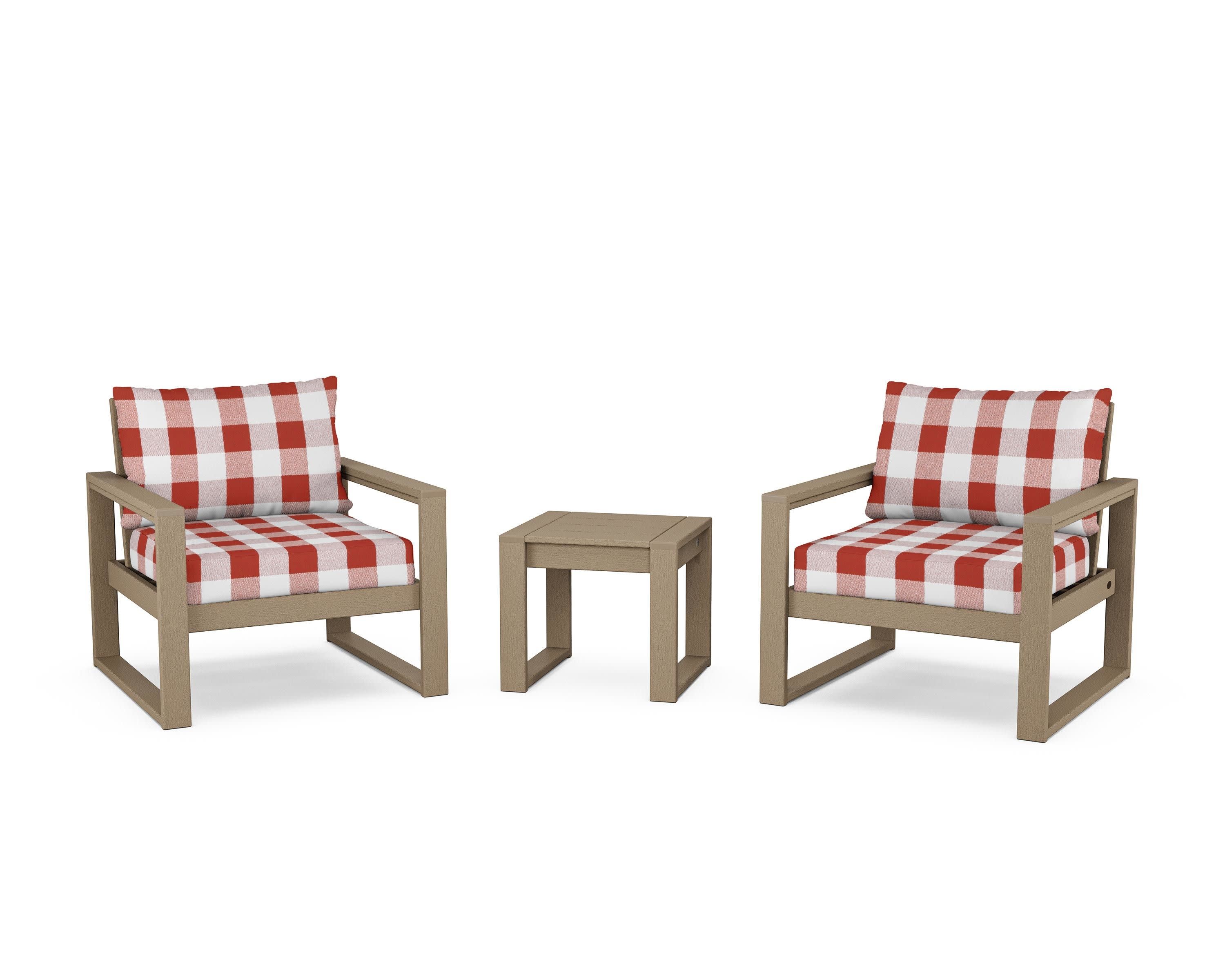 EDGE Sectional 3-Piece Deep Seating Set in Vintage Sahara / Buffalo Plaid Crimson