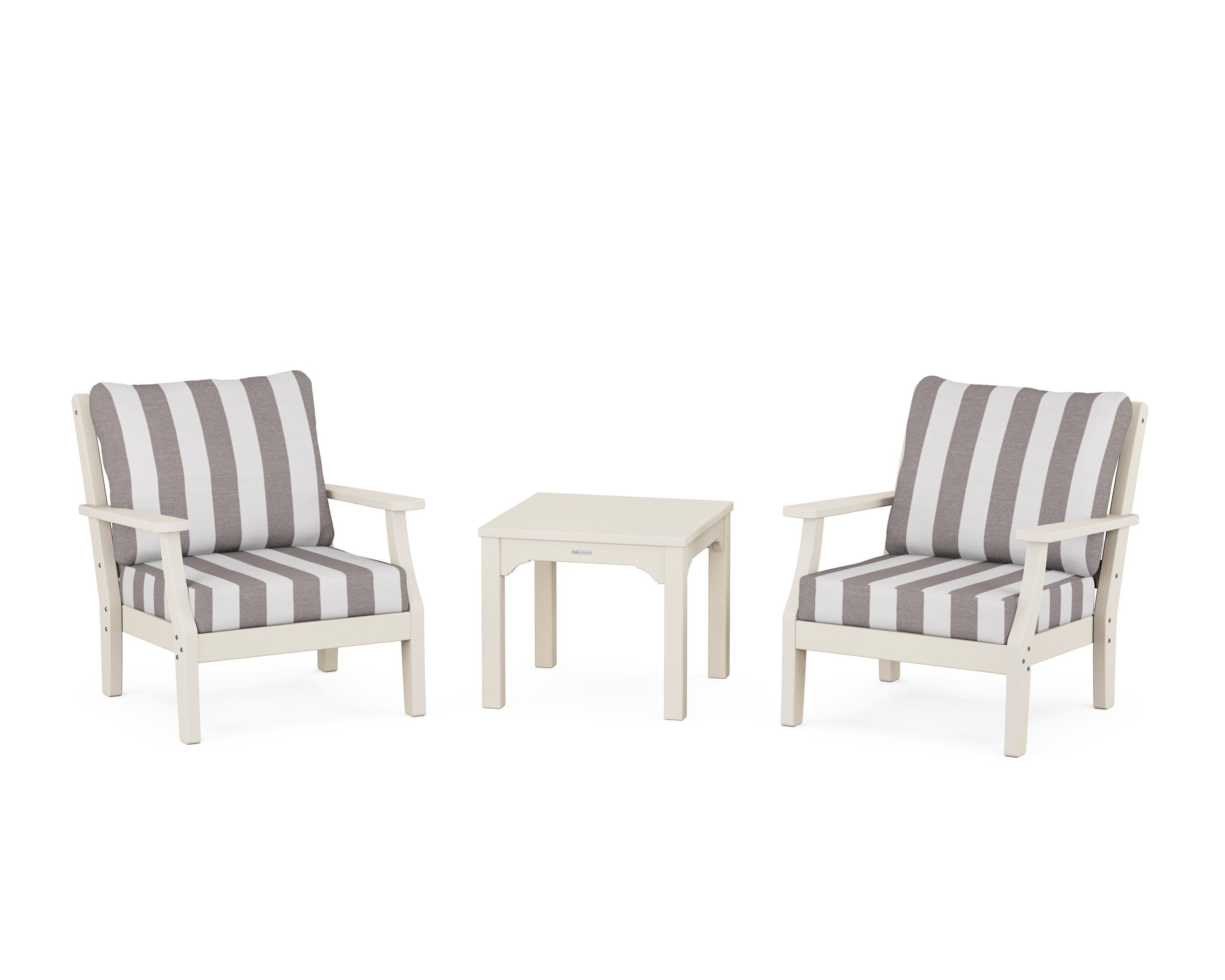 Chinoiserie 3-Piece Deep Seating Set in Sand / Cabana Stripe Grey Mist