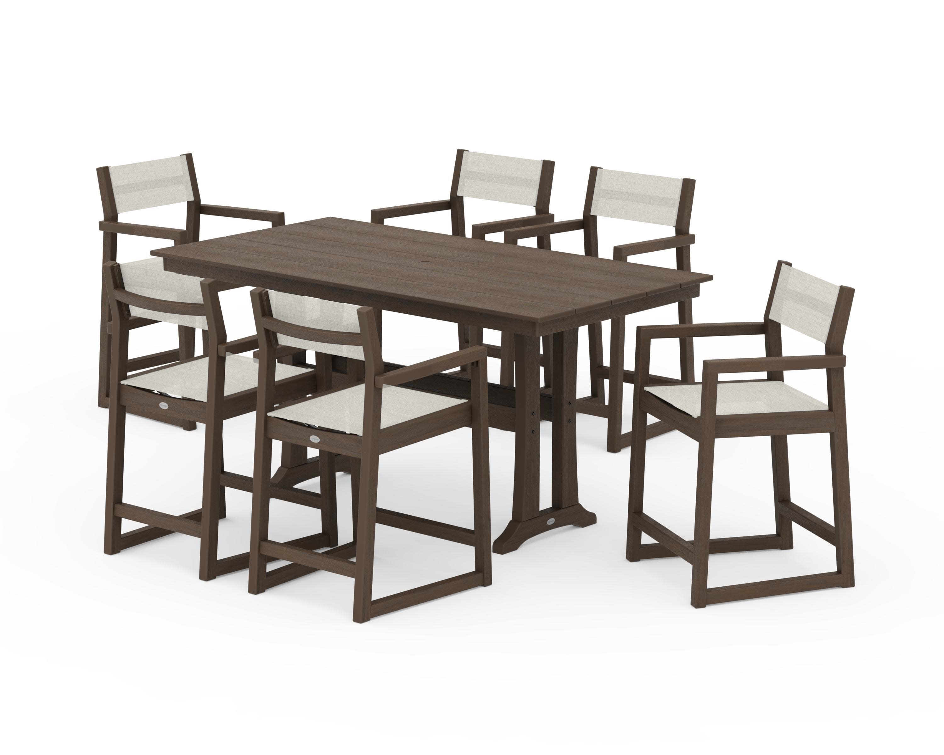 EDGE Sling Arm Chair 7-Piece Farmhouse Counter Set with Trestle Legs in Kona / Parchment Sling