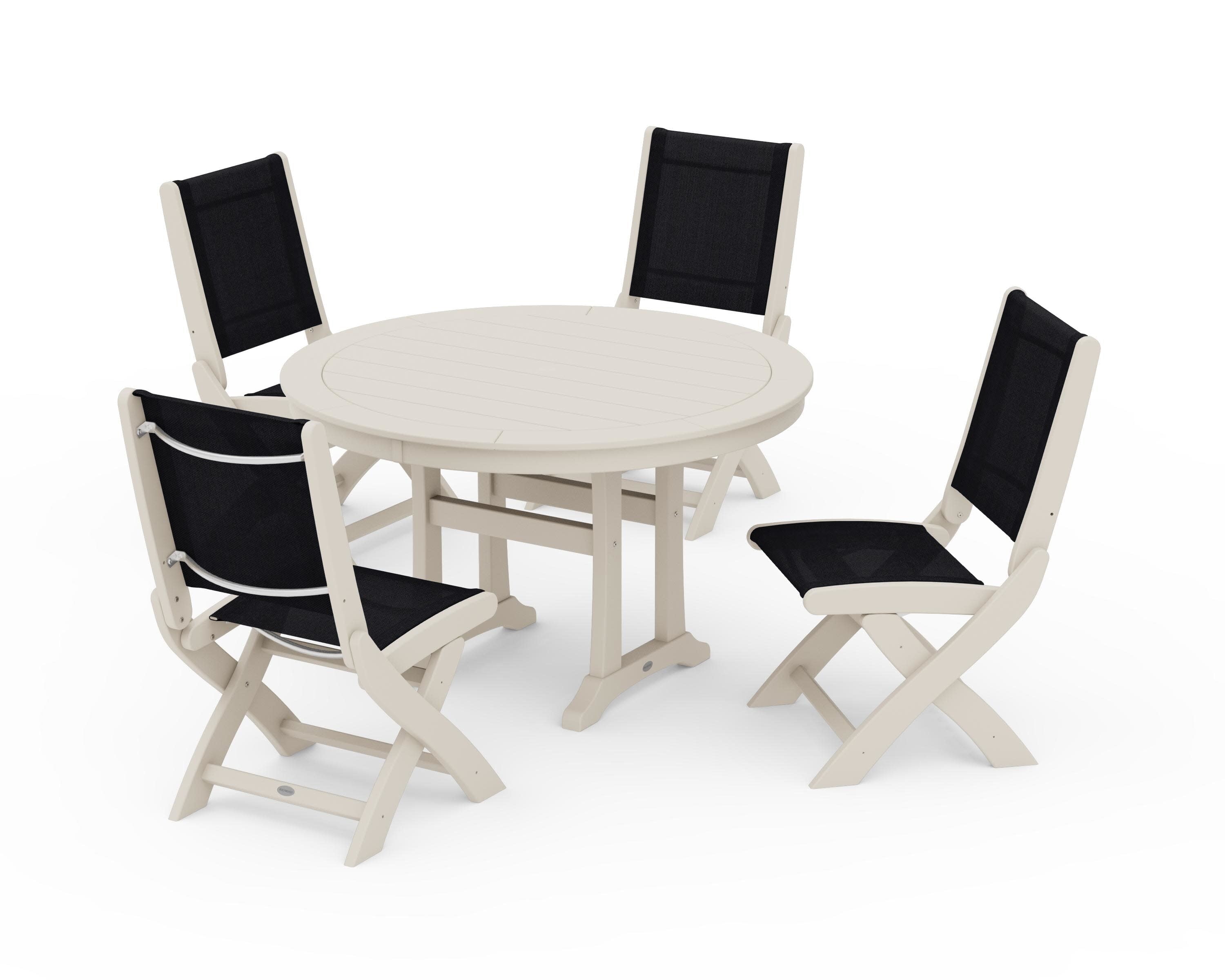 Coastal Folding Side Chair 5-Piece Round Dining Set With Trestle Legs in Sand / Black Sling