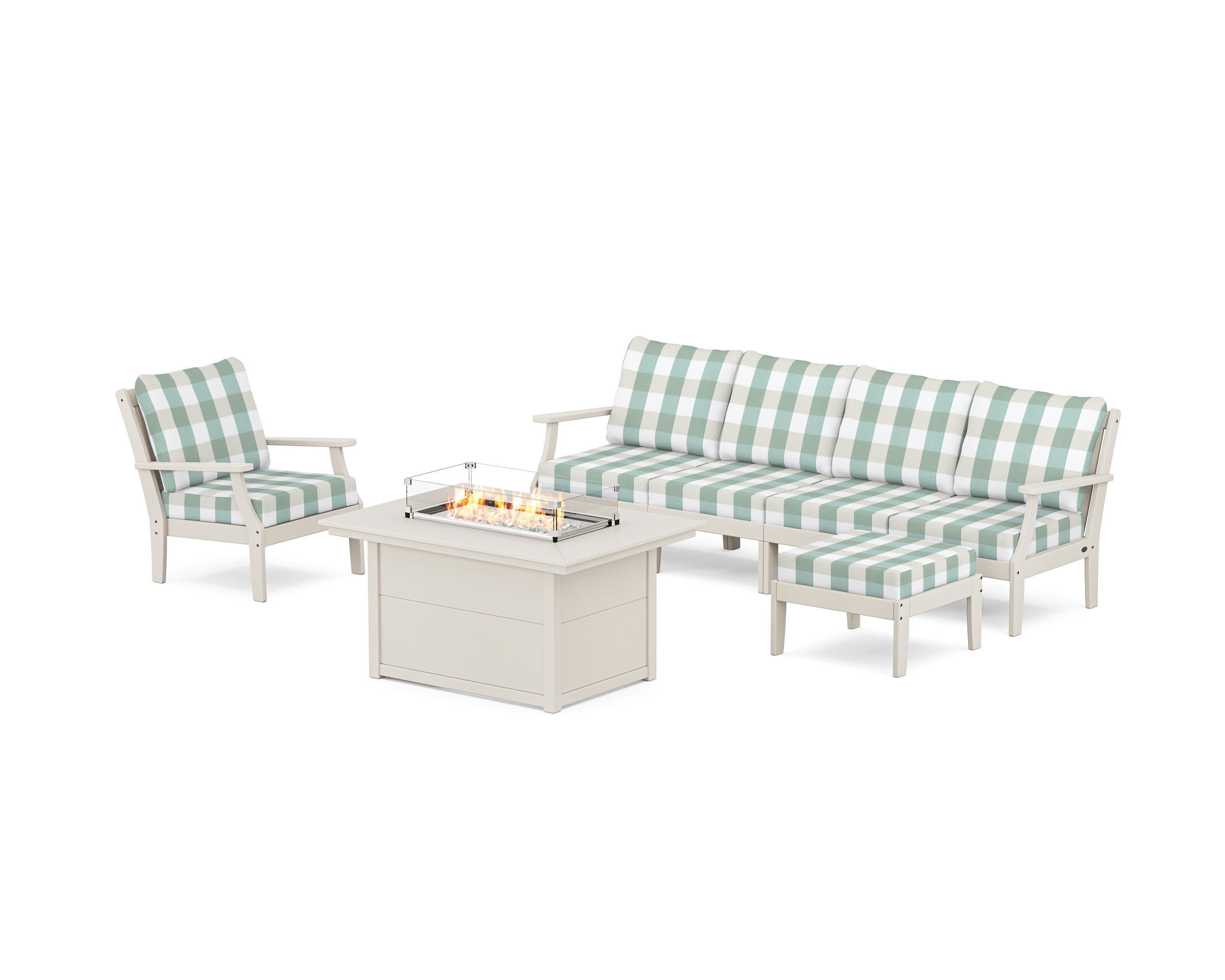 Braxton Sectional Lounge and Fire Pit Set in Sand / Buffalo Plaid Glacier Spa