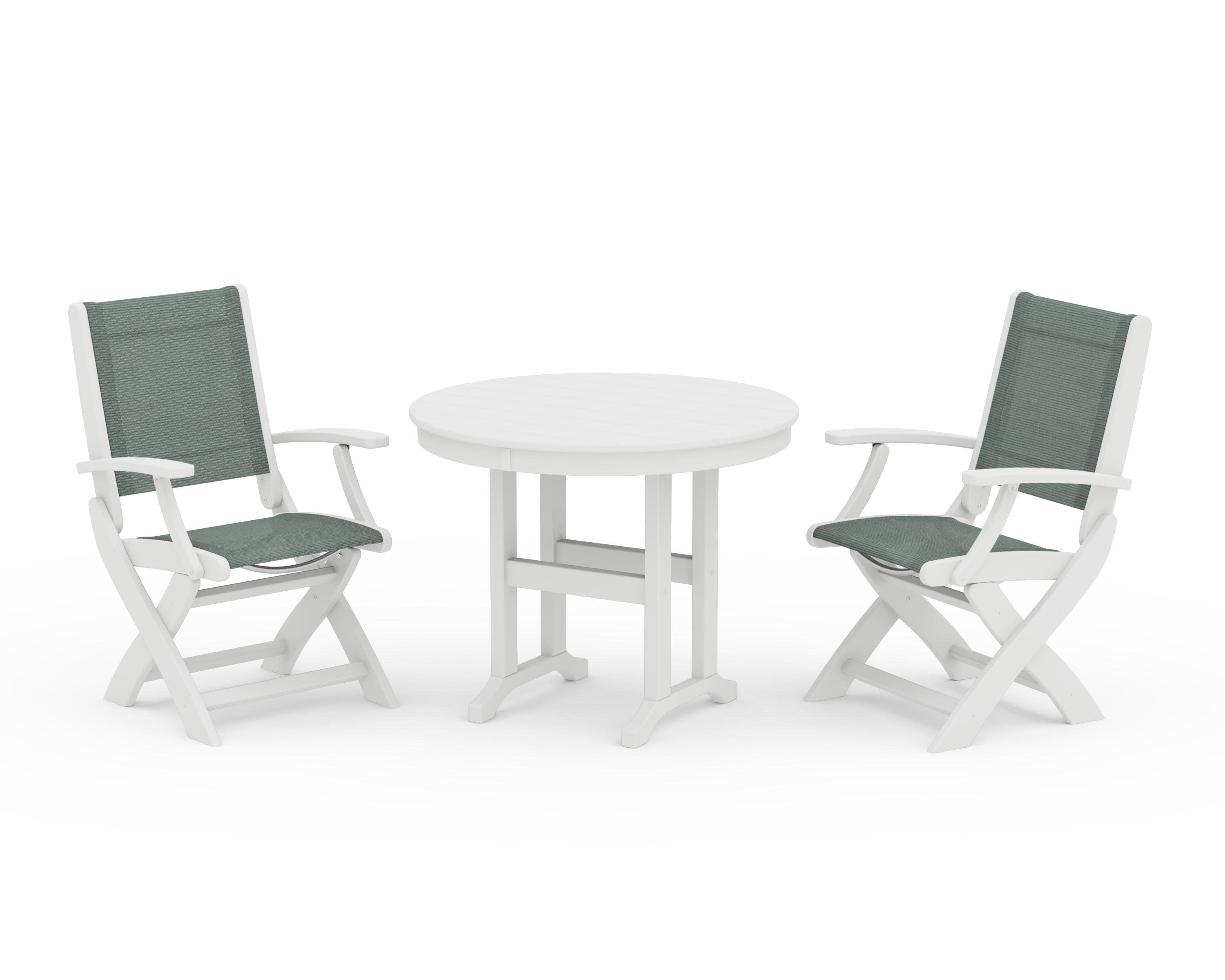 Coastal Folding Chair 3-Piece Round Dining Set in White / Dupioni Sea Mist Sling