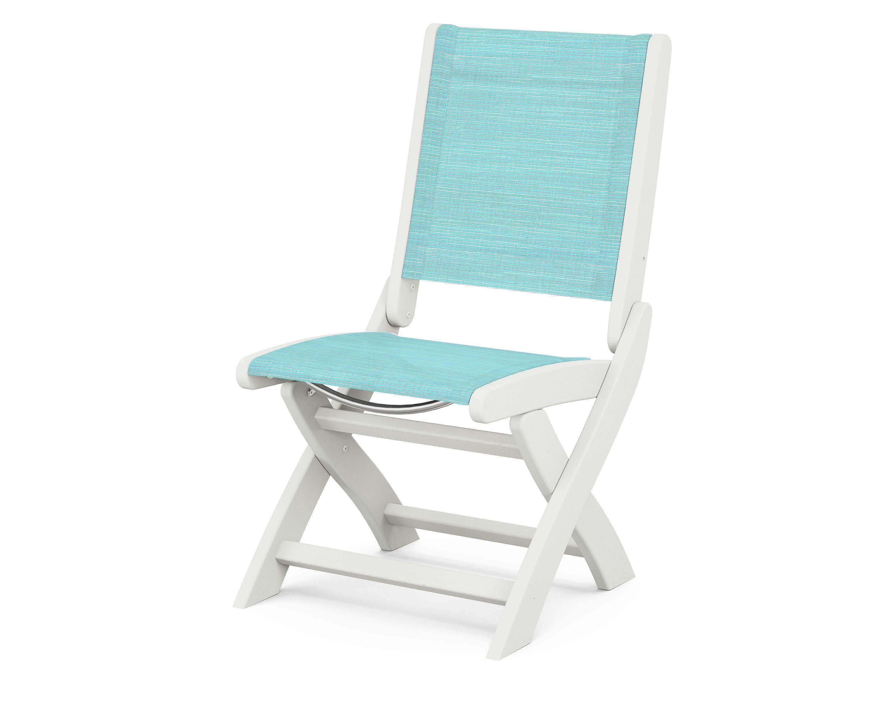 Coastal Folding Side Chair in Vintage White / Dupioni Aquamarine Sling