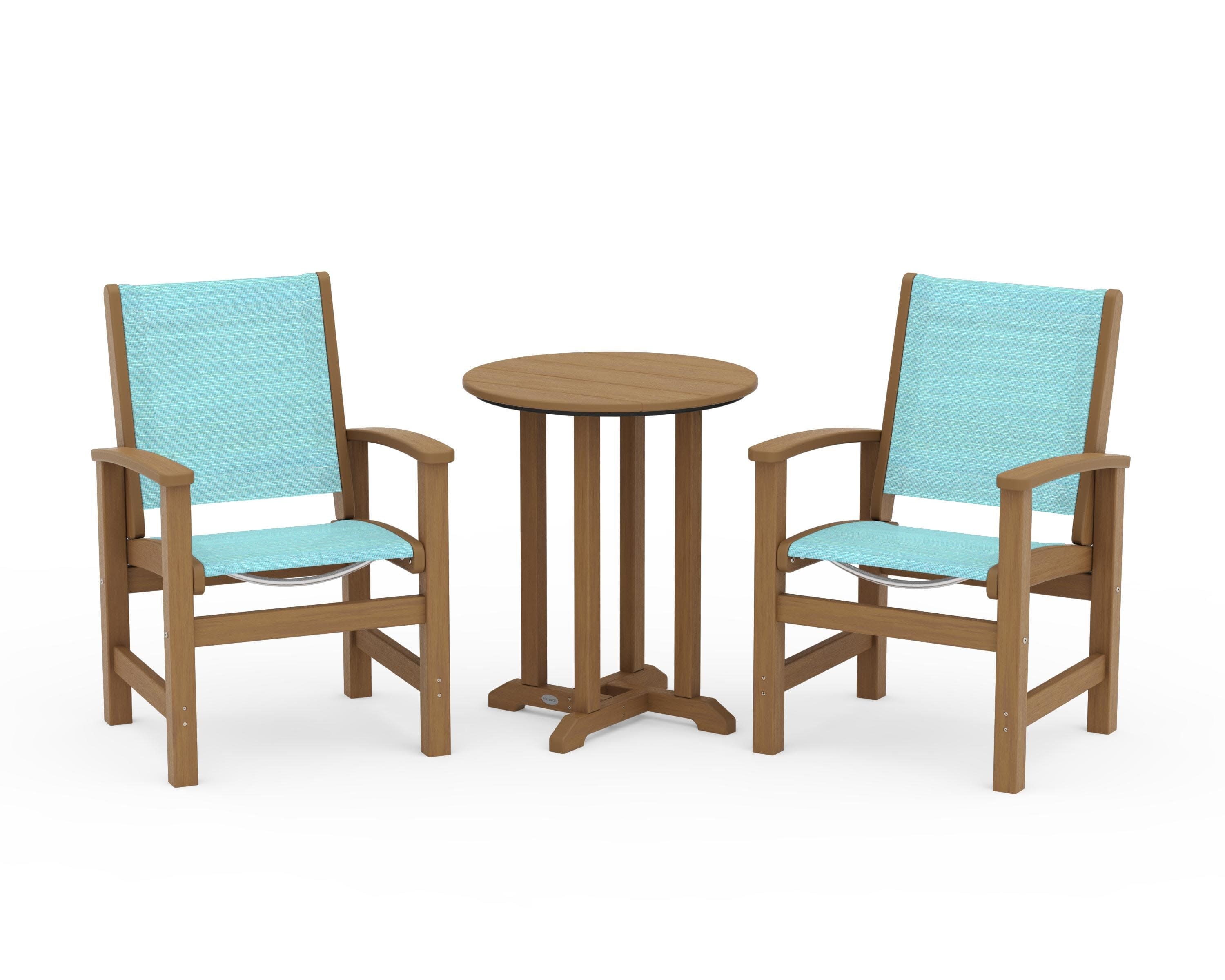 Coastal 3-Piece Round Bistro Dining Set in Natural / Dupioni Aquamarine Sling