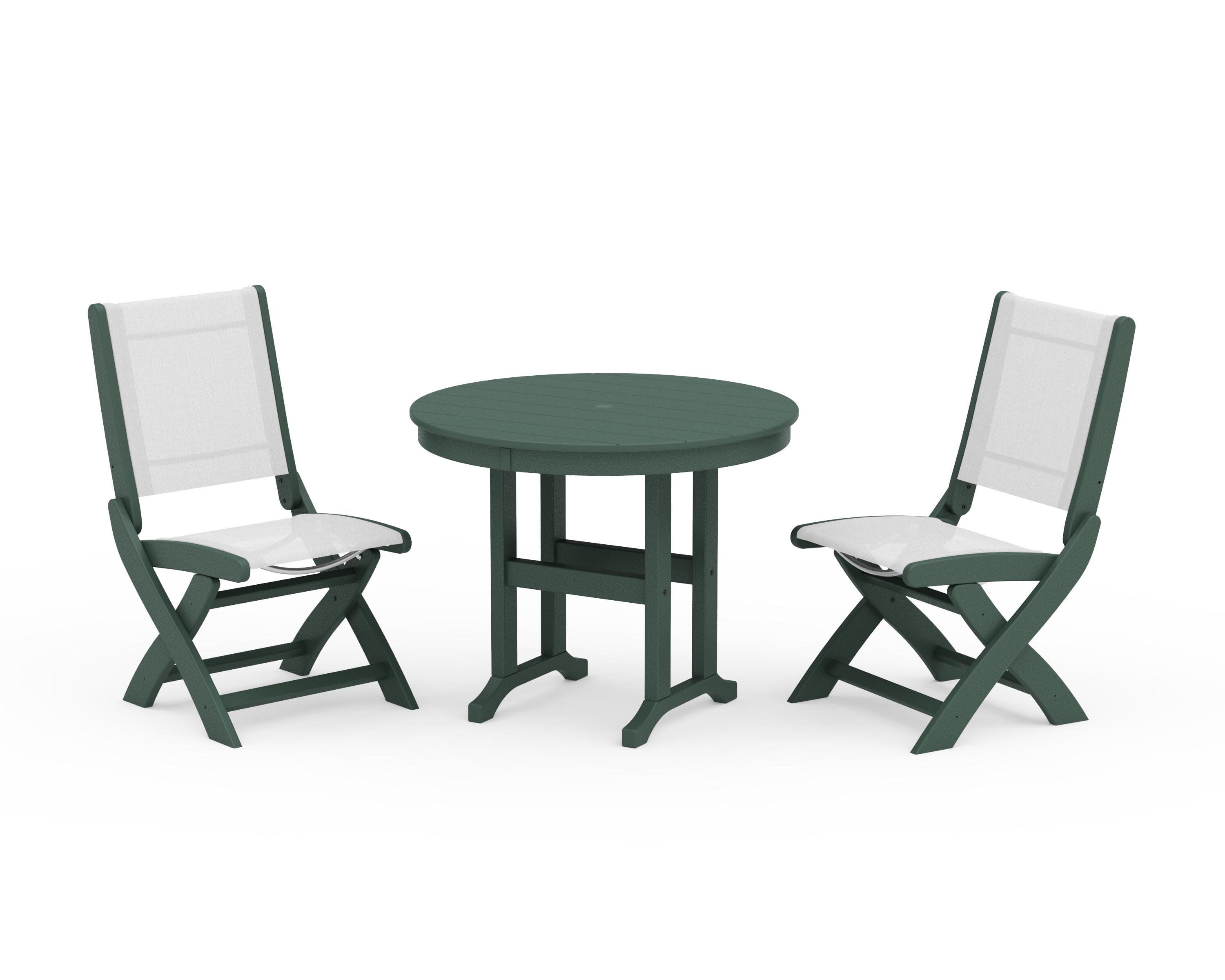 Coastal Folding Side Chair 3-Piece Round Dining Set in Green / White Sling