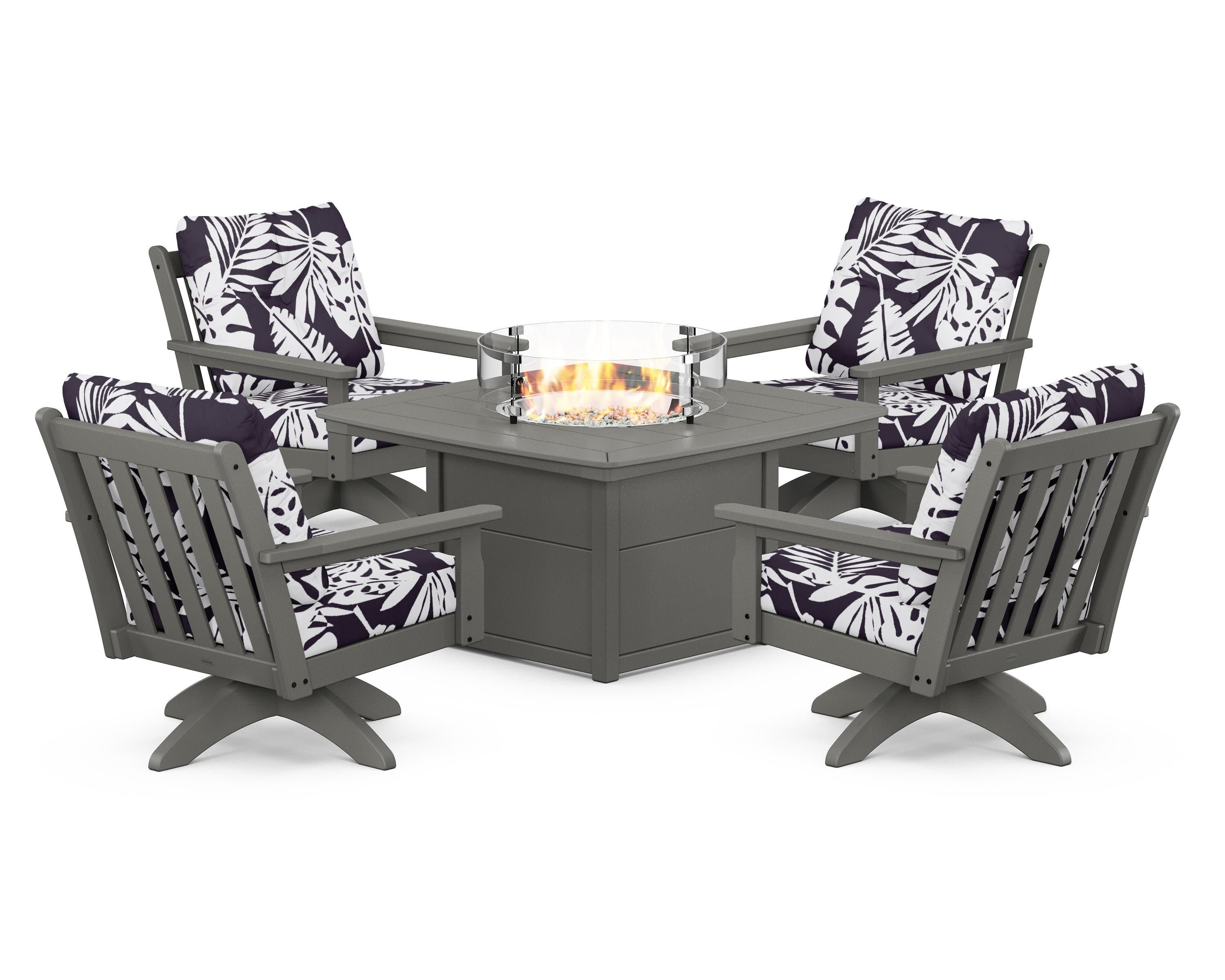 Vineyard 5-Piece Deep Seating Swivel Conversation Set with Fire Pit Table in Slate Grey / Leaf Navy
