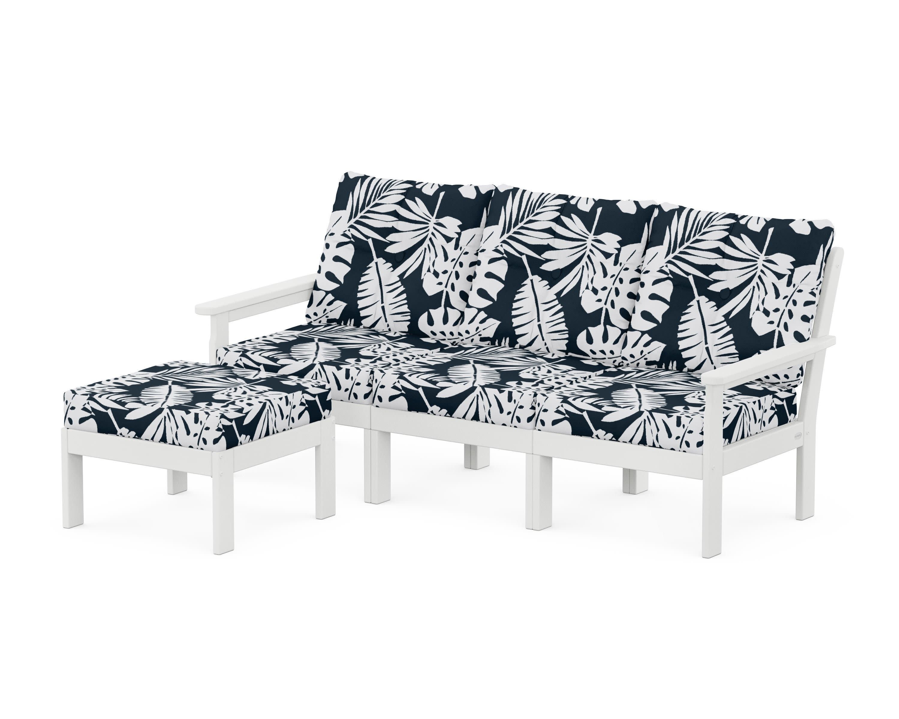 Vineyard 4-Piece Sectional with Ottoman in White / Leaf Marine Indigo