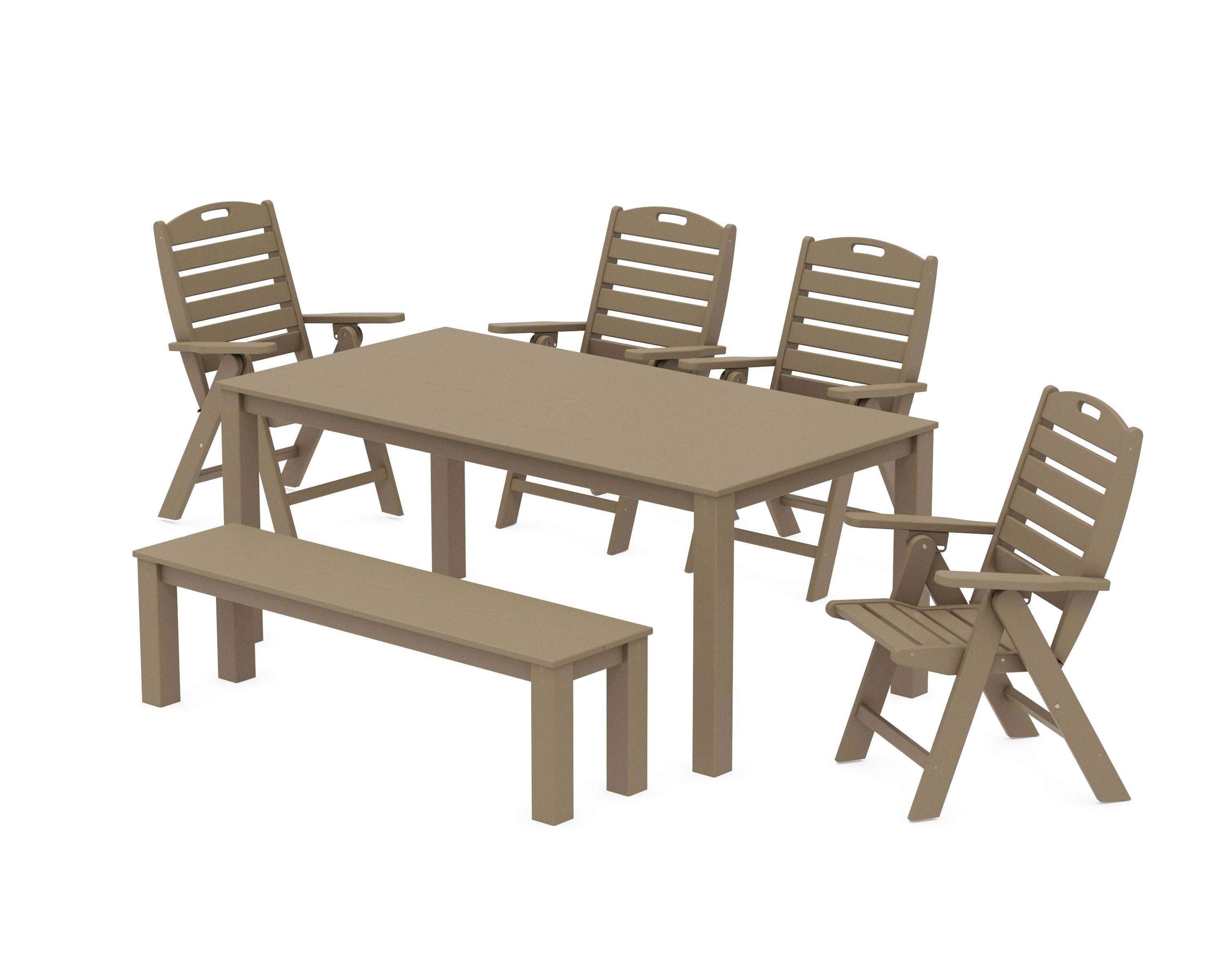 Nautical Folding Highback Chair 6-Piece Parsons Dining Set with Bench in Vintage Sahara