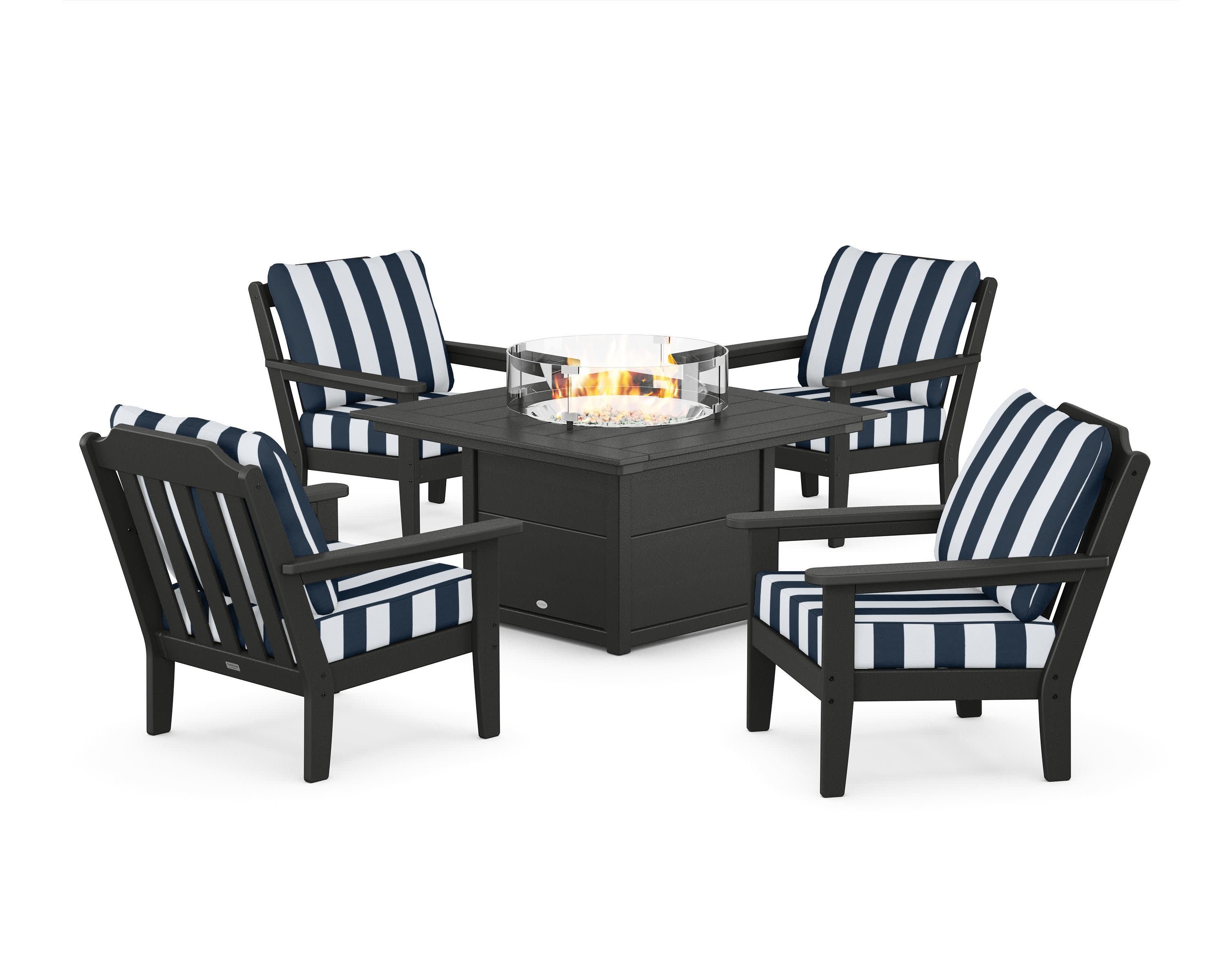 Cottage 5-Piece Deep Seating Set with Fire Pit Table in Black / Cabana Stripe Marine Indigo