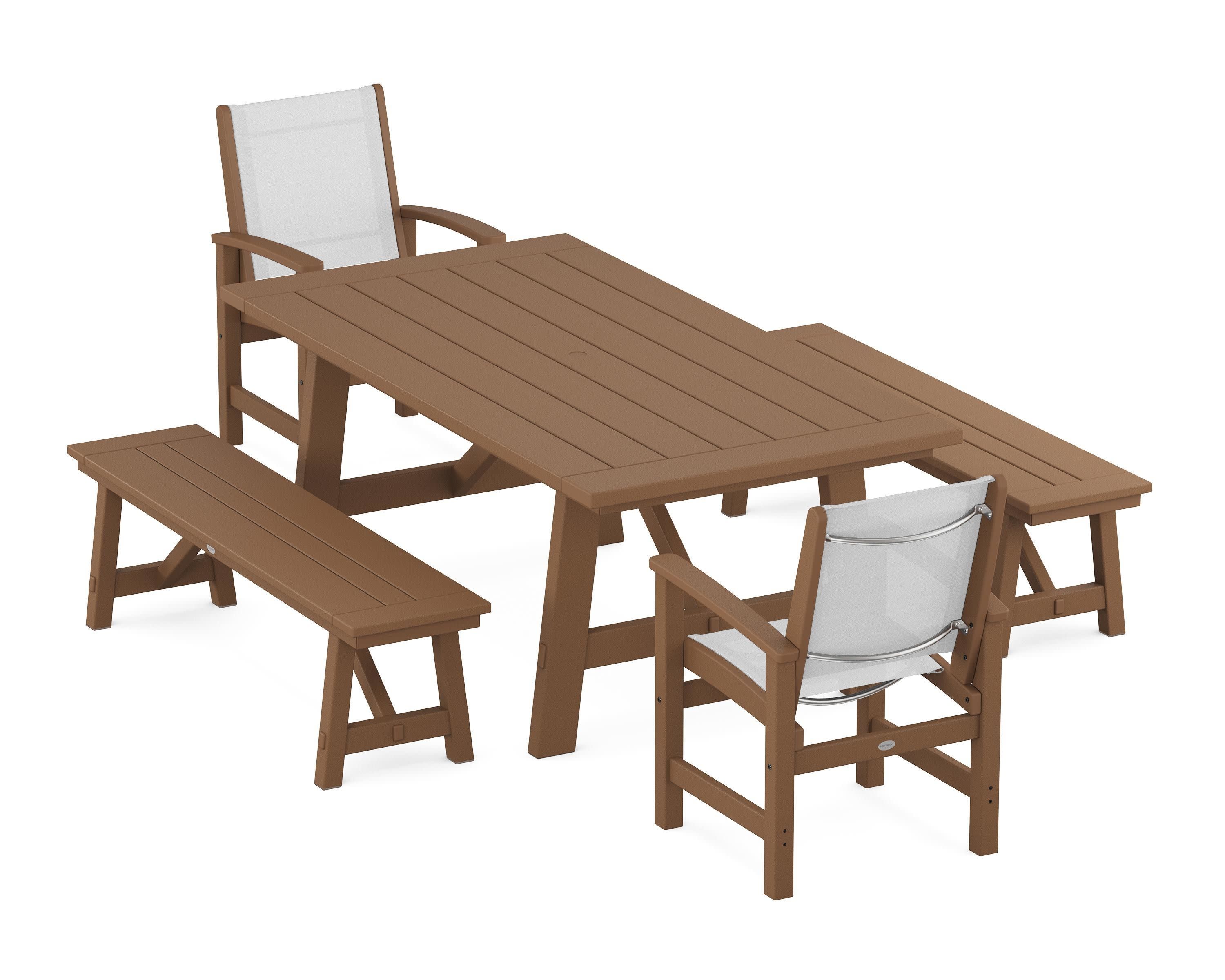 Coastal 5-Piece Rustic Farmhouse Dining Set With Benches in Teak / White Sling