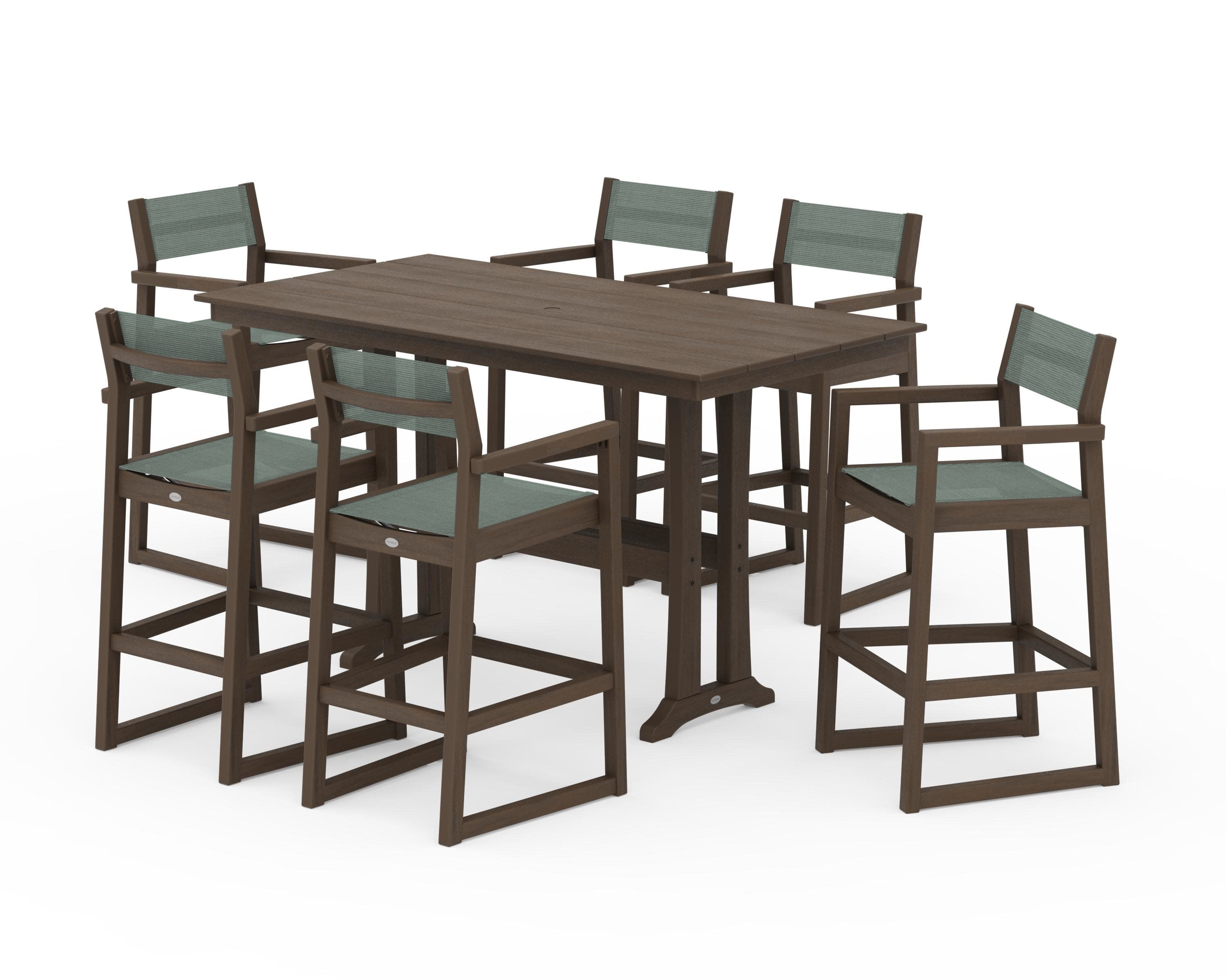 EDGE Sling Arm Chair 7-Piece Farmhouse Bar Set with Trestle Legs in Kona / Dupioni Sea Mist Sling