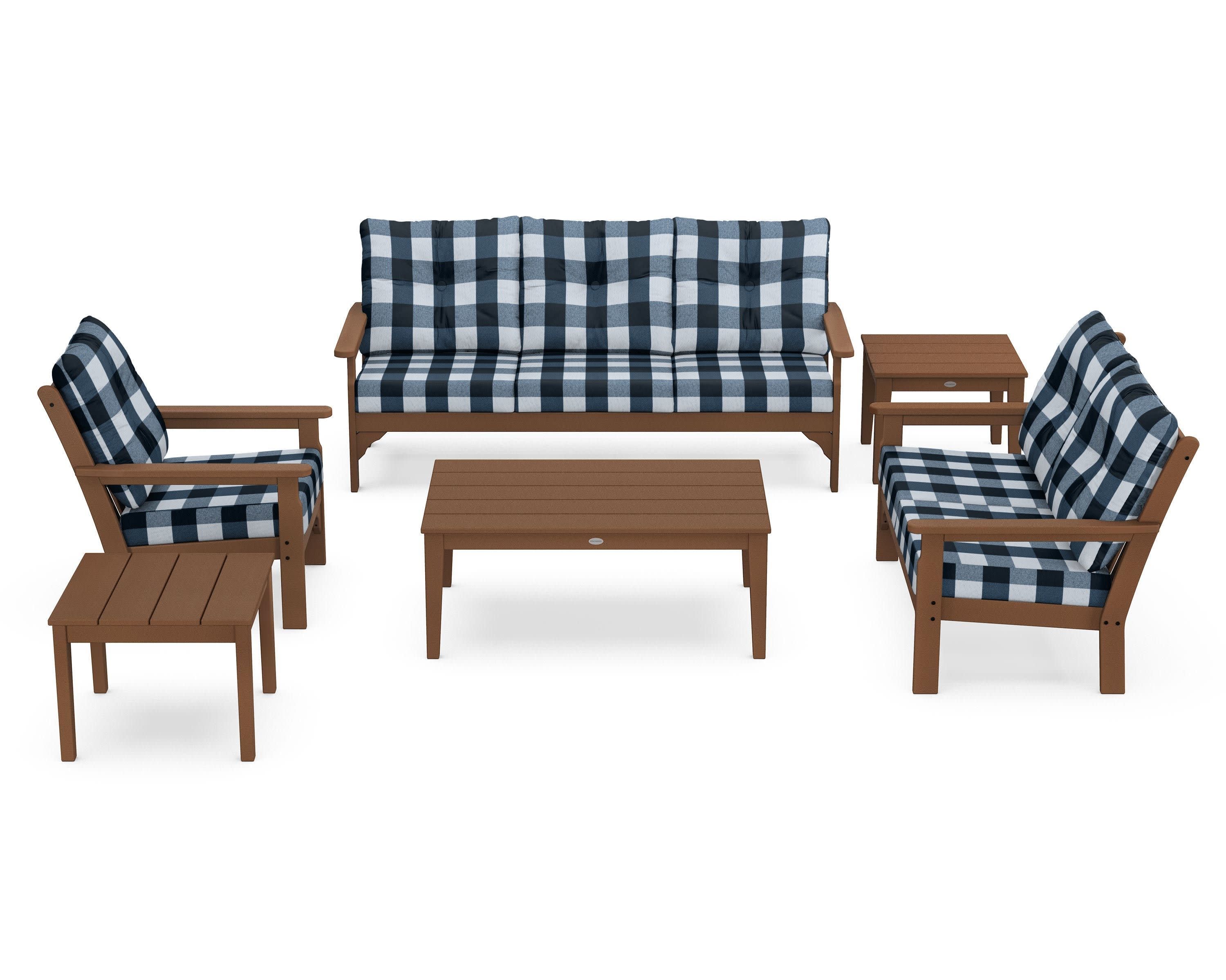 Vineyard 6-Piece Deep Seating Set in Teak / Buffalo Plaid Marine Indigo