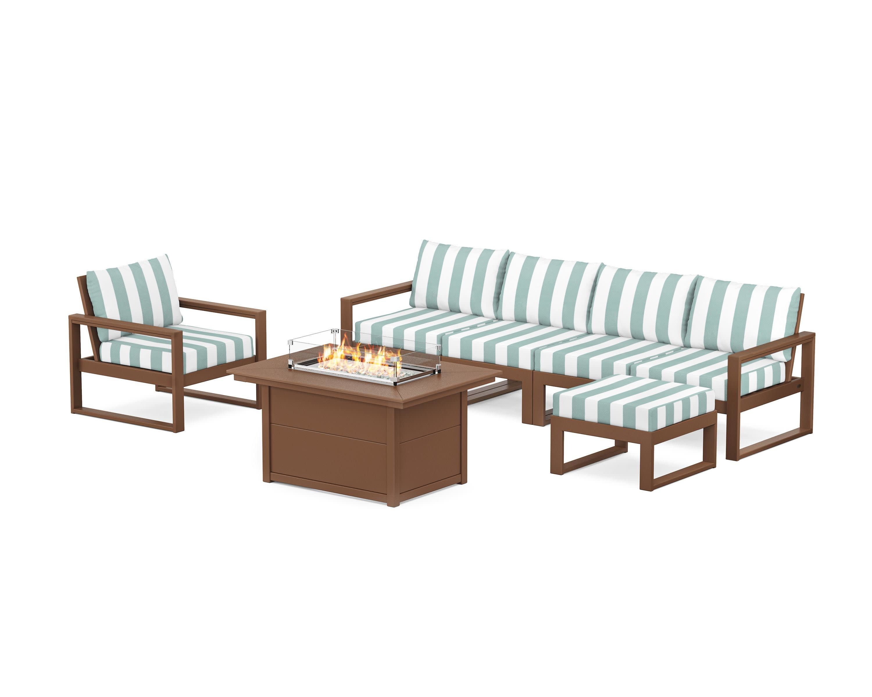 EDGE Sectional Lounge and Fire Pit Set in Teak / Cabana Stripe Glacier Spa