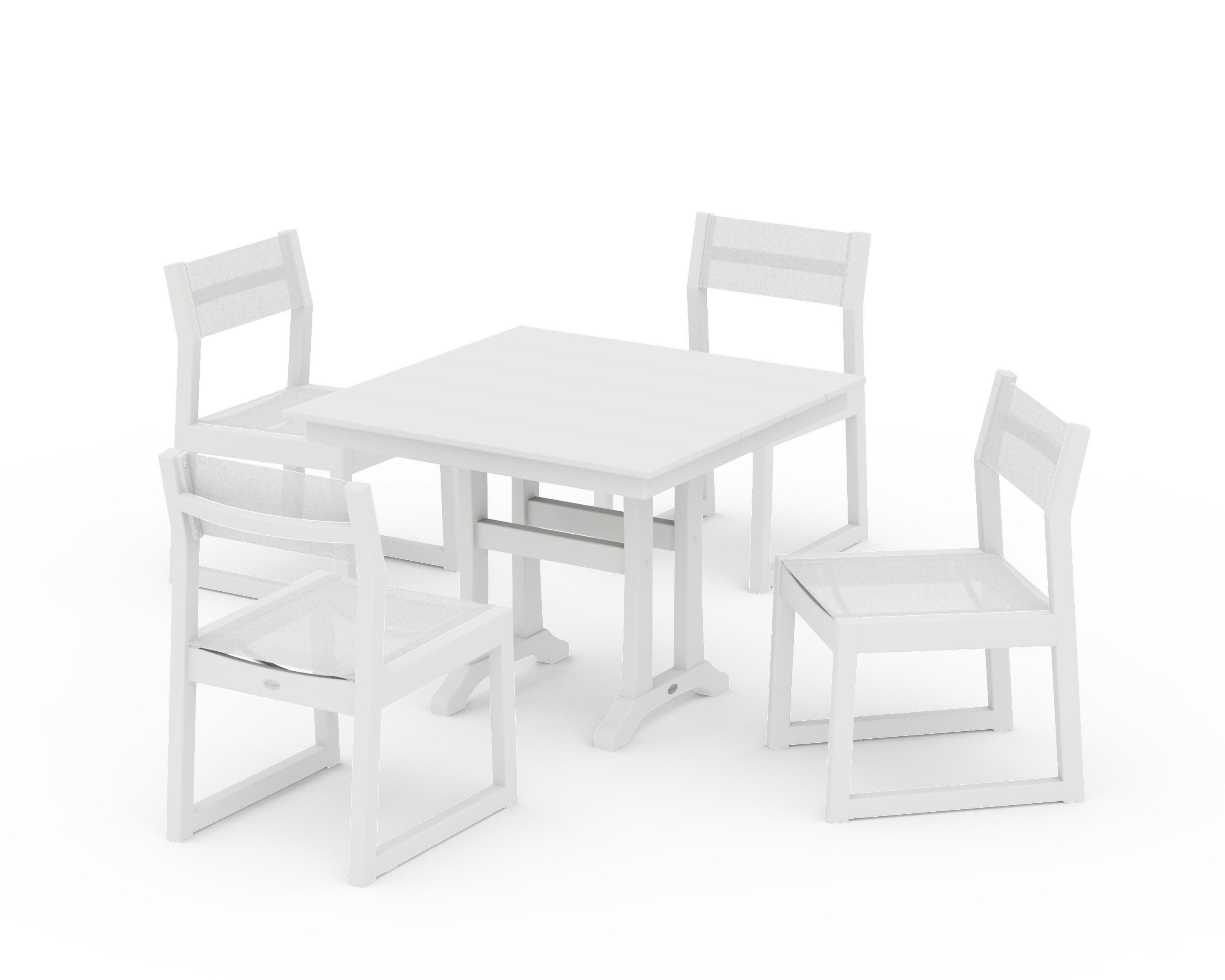 EDGE Sling 5-Piece Farmhouse Trestle Side Chair Dining Set in White / White Sling