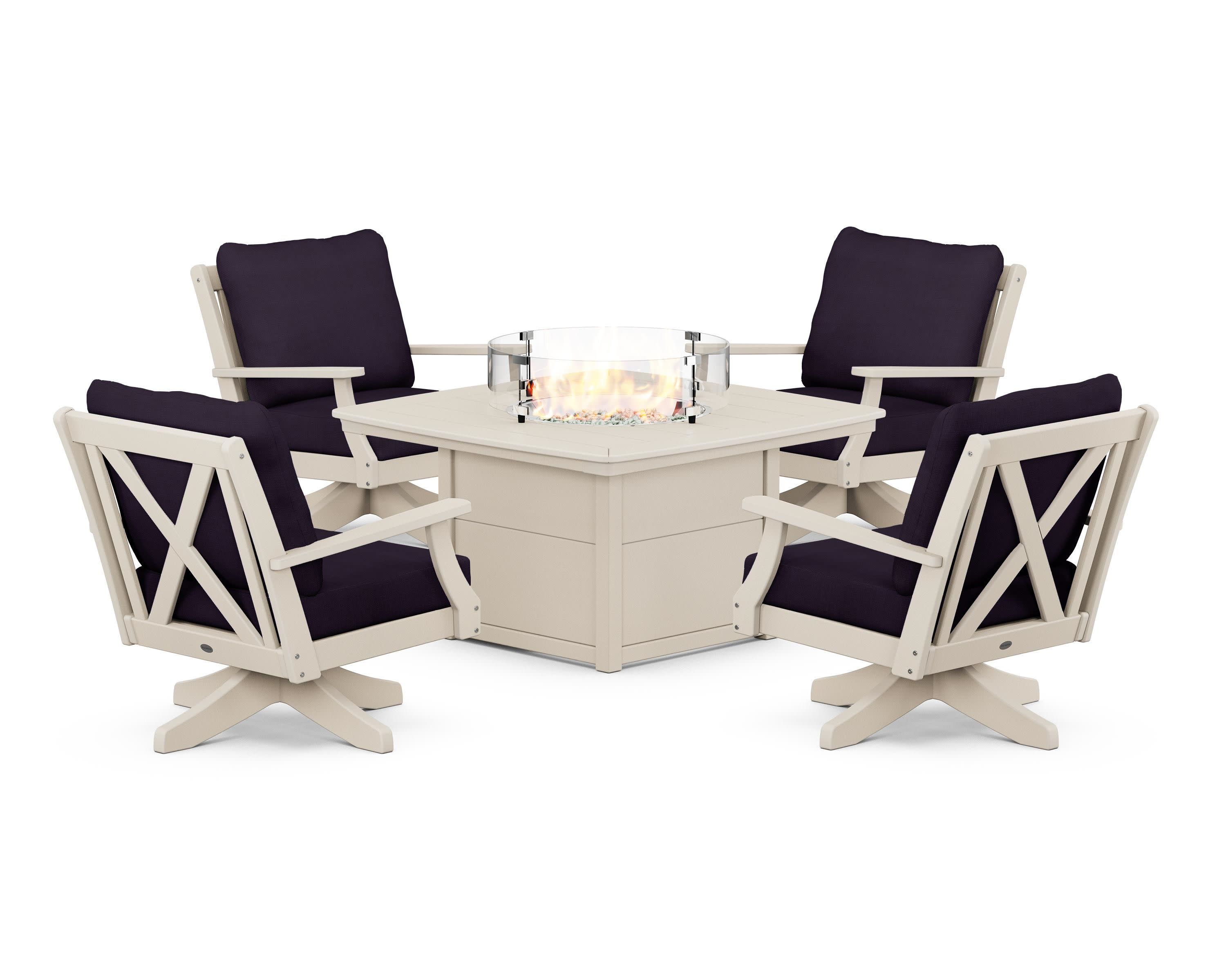 Braxton 5-Piece Deep Seating Swivel Conversation Set with Fire Pit Table in Sand / Navy Linen