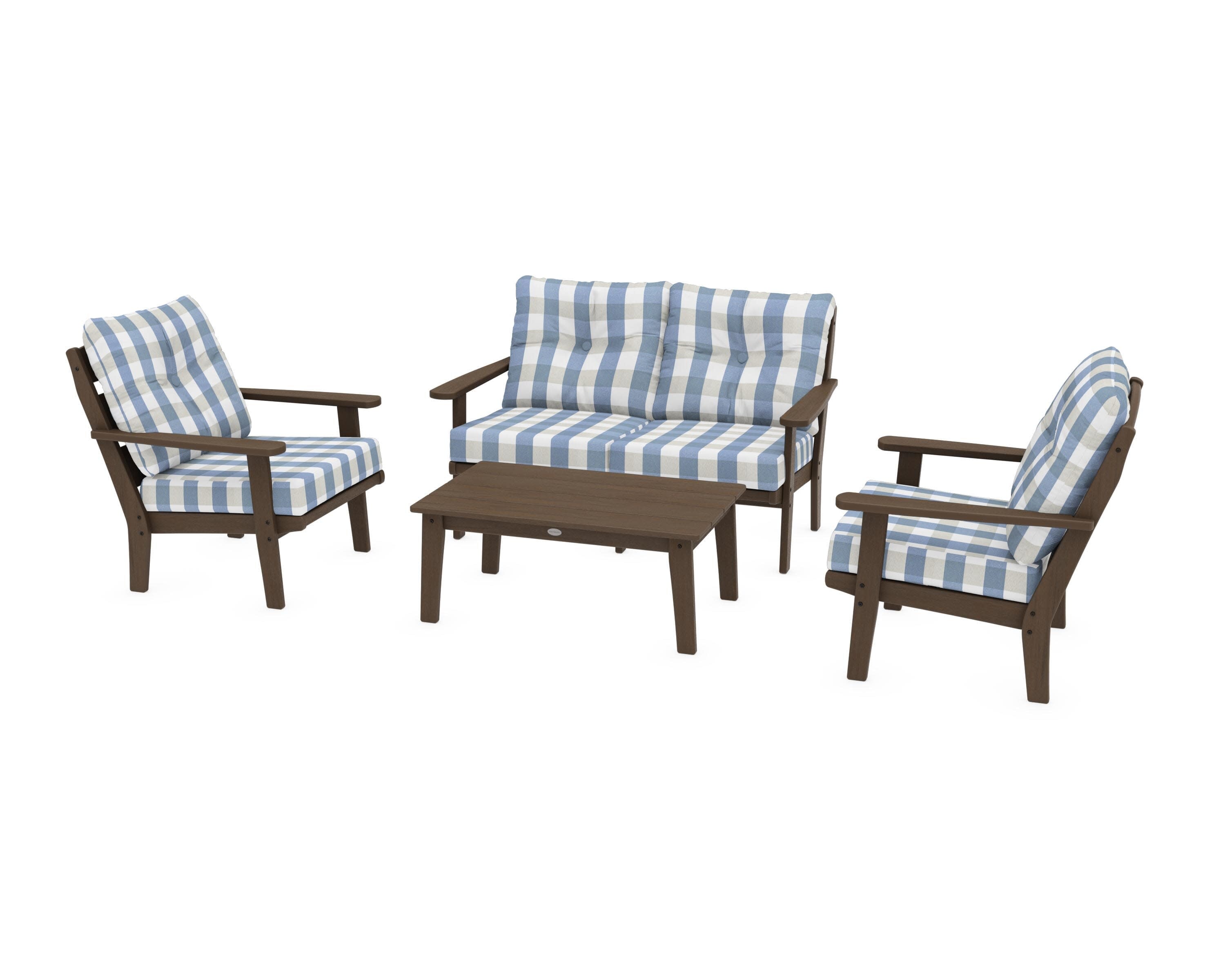 Lakeside 4-Piece Deep Seating Set in Kona / Buffalo Plaid Sky Blue