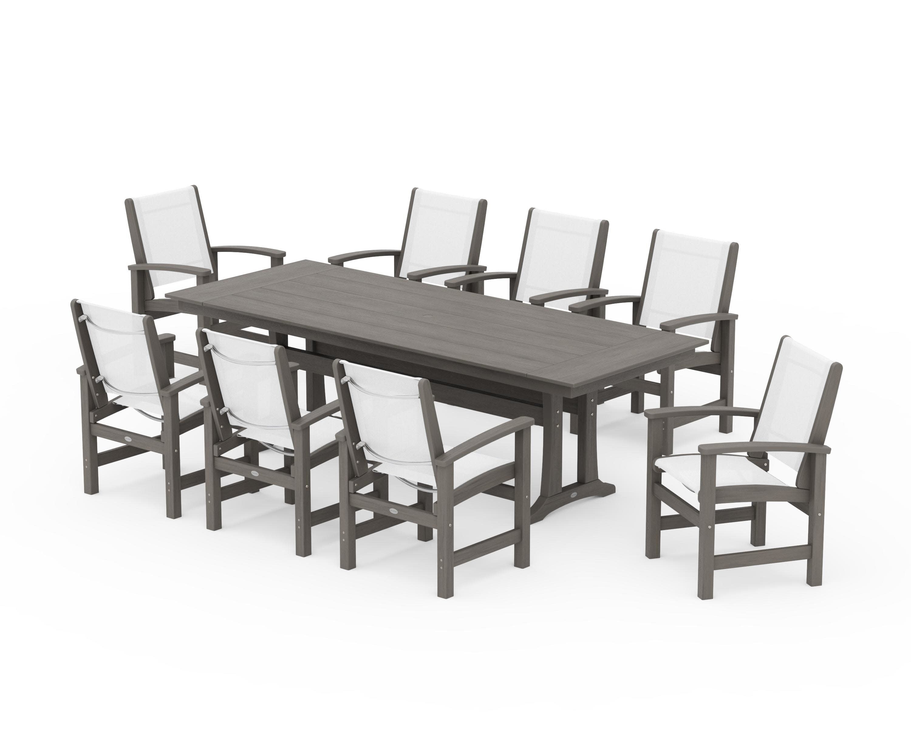 Coastal 9-Piece Farmhouse Dining Set with Trestle Legs in Driftwood / White Sling