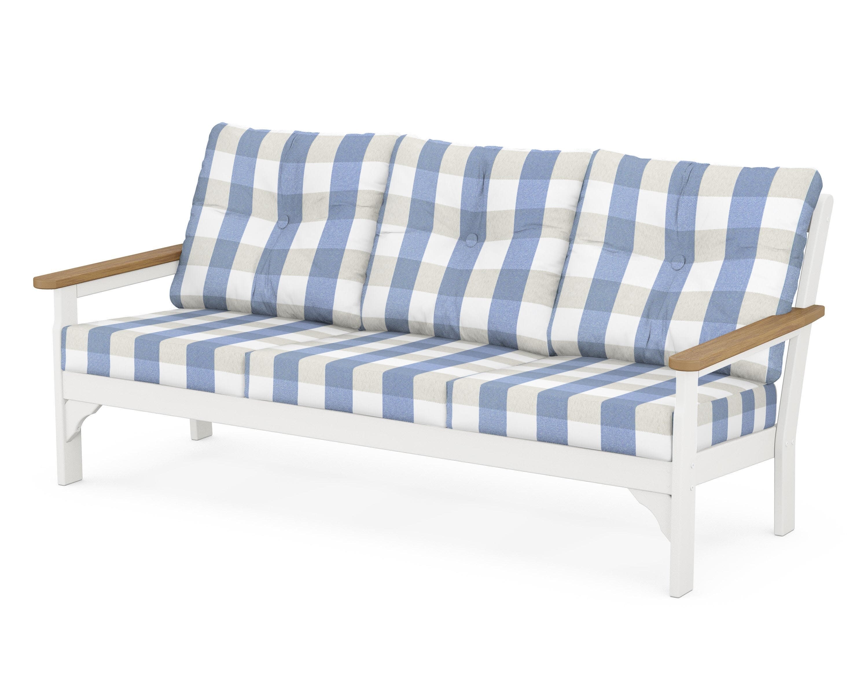Vineyard Deep Seating Sofa in White / Natural / Buffalo Plaid Sky Blue