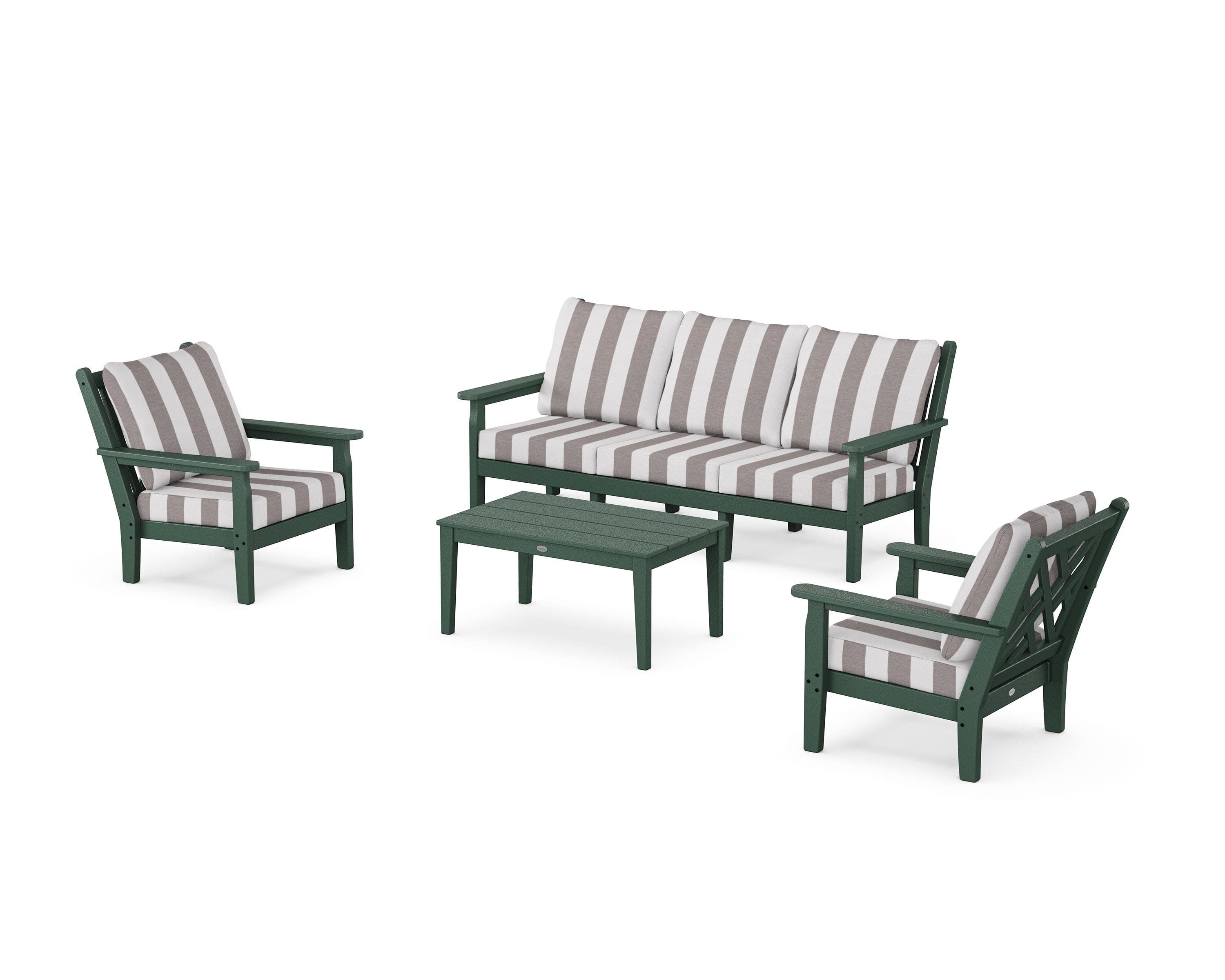 Chippendale 4-Piece Deep Seating Set with Sofa in Green / Cabana Stripe Grey Mist