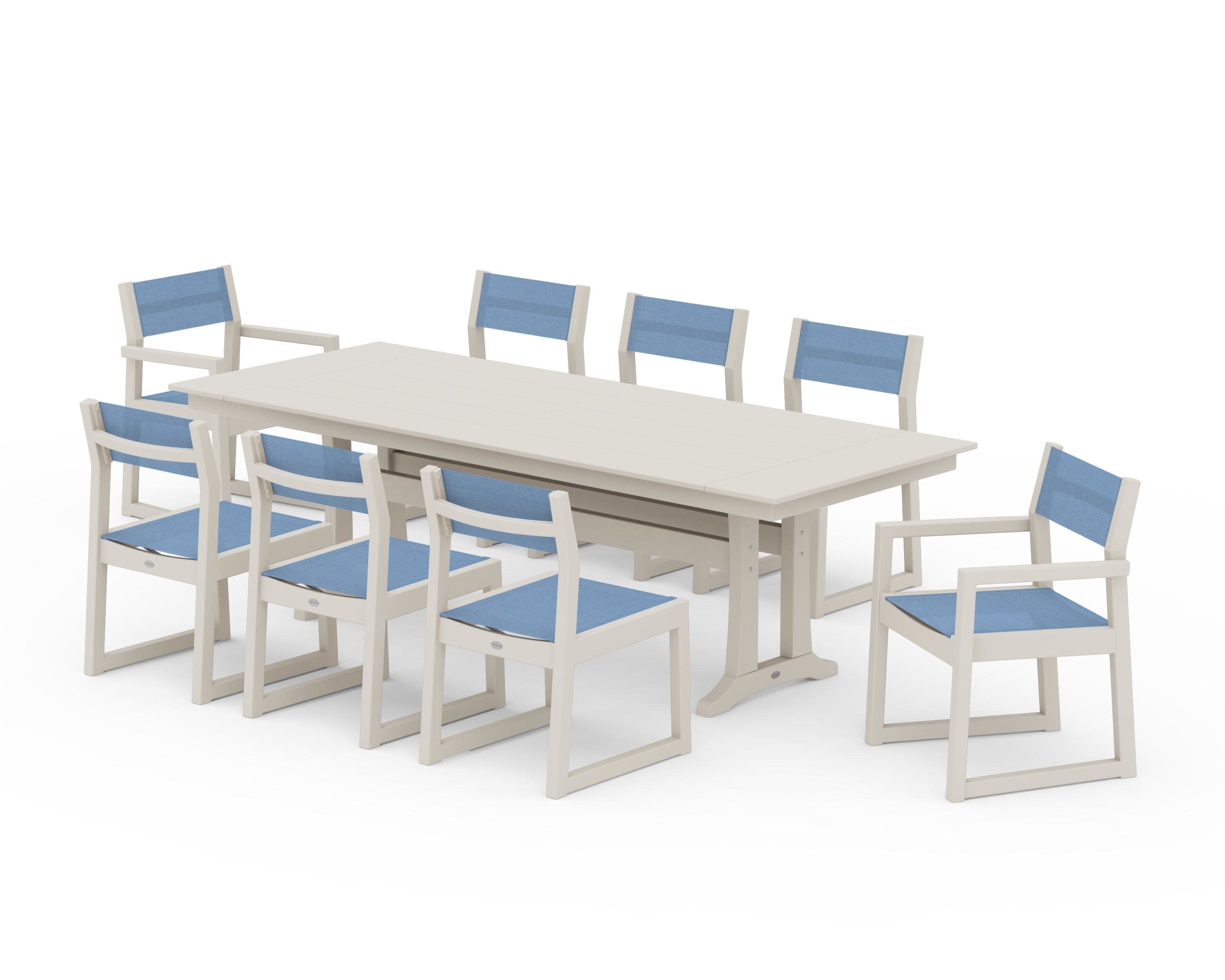 EDGE Sling 9-Piece Farmhouse Trestle Dining Set in Sand / Poolside Sling