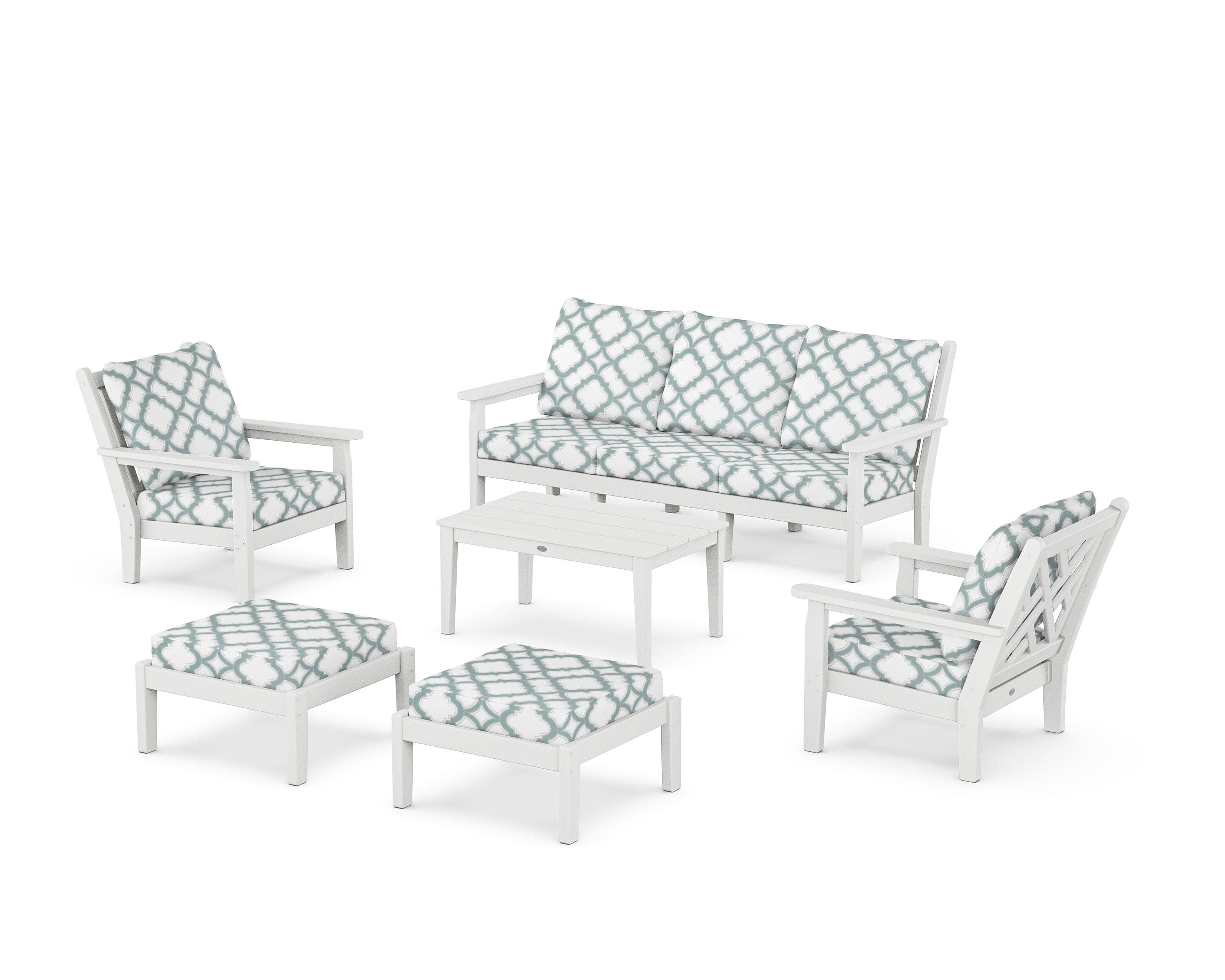 Chippendale 6-Piece Lounge Sofa Set in White / Trellis Glacier Spa